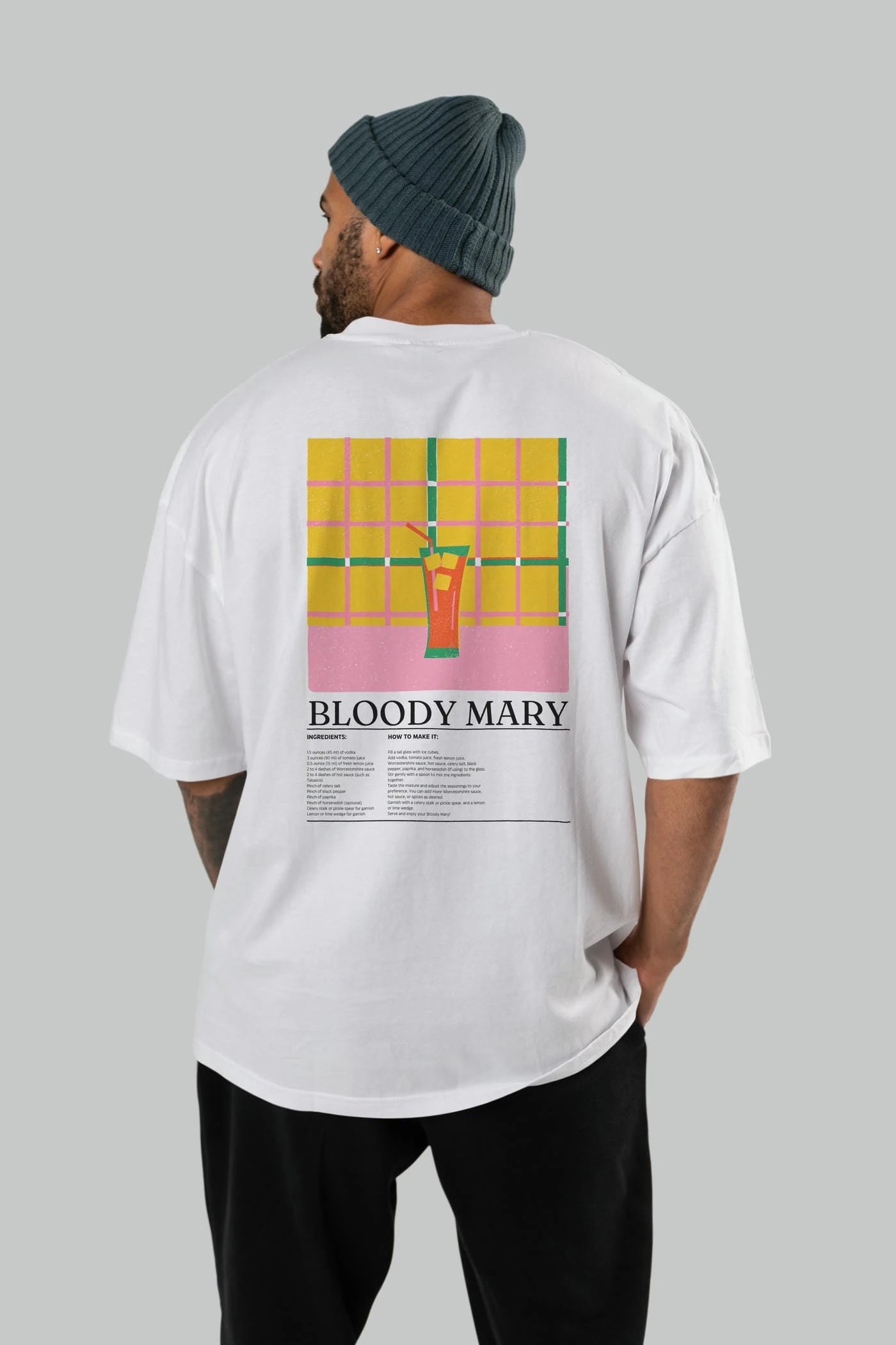Bloody Mary Kokteyl Serisi Arka Baskılı Oversize t-shirt Erkek Kadın %100 Pamuk Bisiklet Yaka tişort