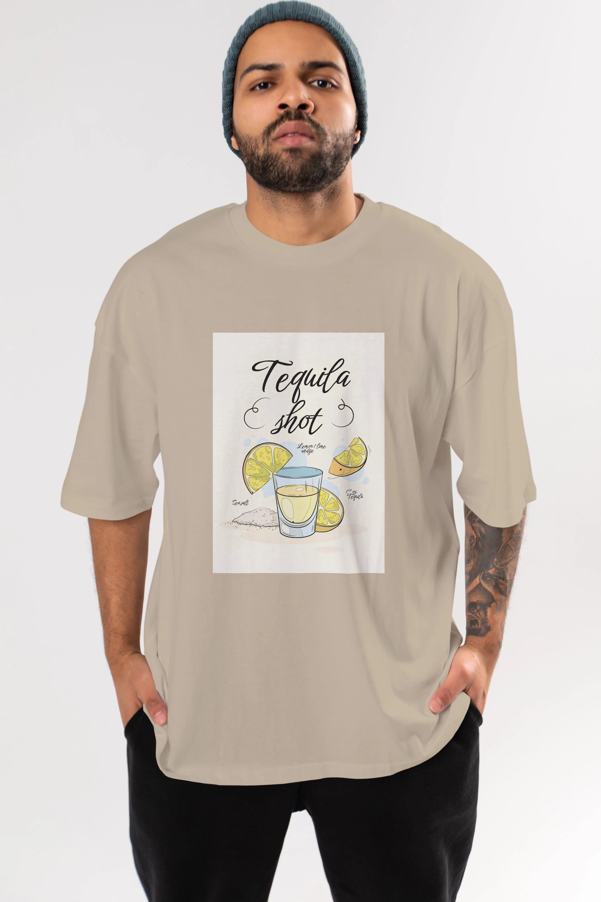 Tequila Shot Ön Baskılı Oversize t-shirt Erkek Kadın Unisex %100 Pamuk Bisiklet Yaka tişort