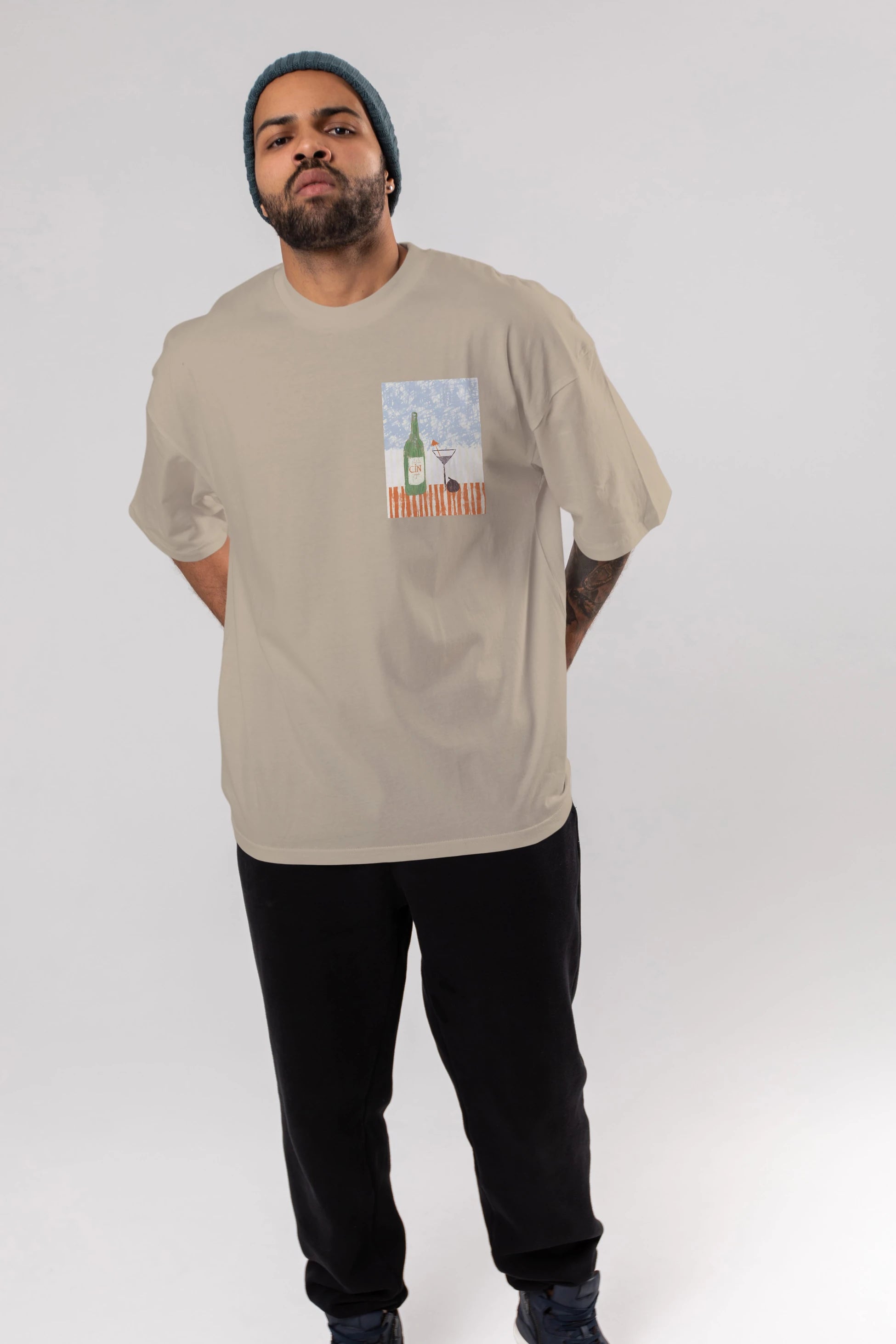Gin Ön Sol Baskılı Oversize t-shirt Erkek Kadın Unisex %100 Pamuk Bisiklet Yaka tişort