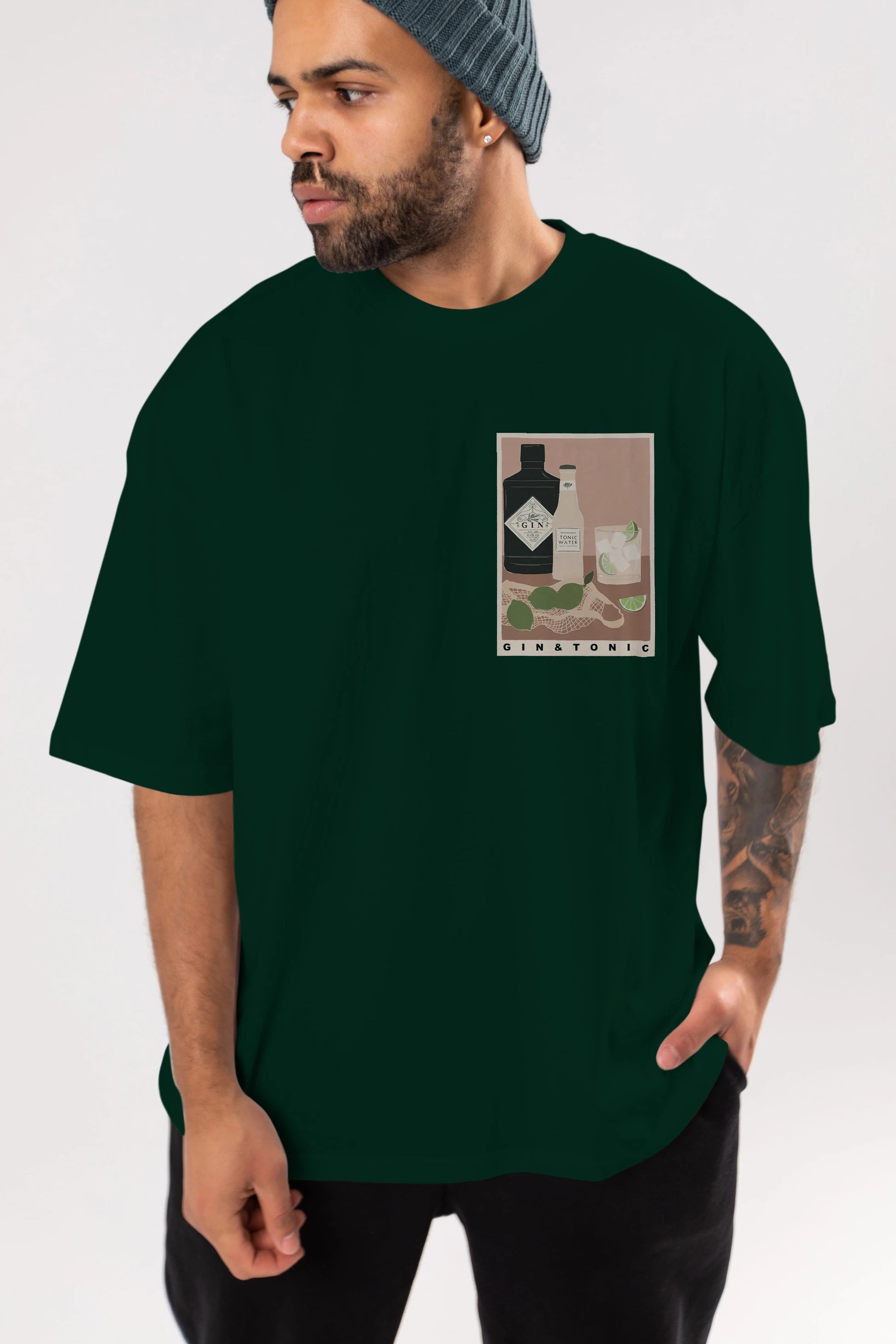 Gin Tonic Ön Sol Baskılı Oversize t-shirt Erkek Kadın Unisex %100 Pamuk Bisiklet Yaka tişort