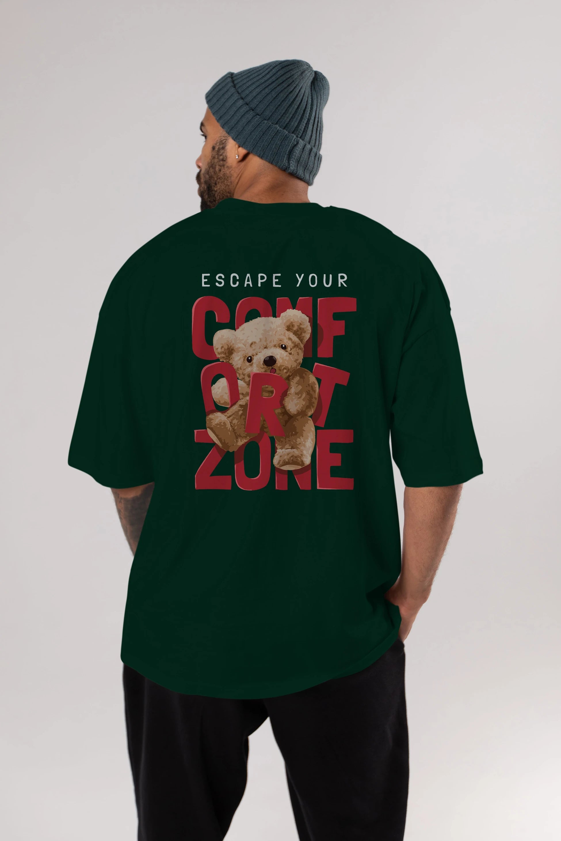 Teddy Bear Escape Comfort Zone Arka Baskılı Oversize t-shirt Erkek Kadın Unisex %100 Pamuk