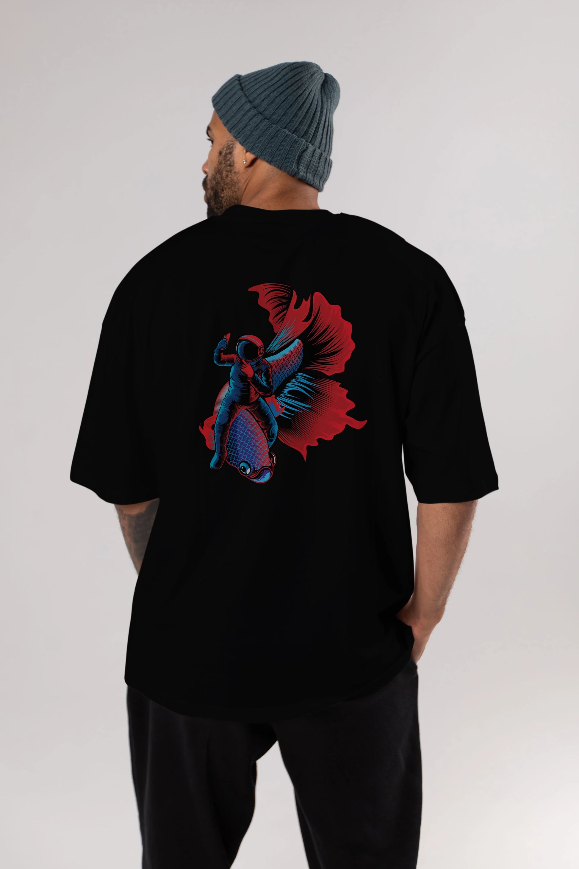 Astrofish selfie Arka Baskılı Oversize t-shirt Erkek Kadın Unisex