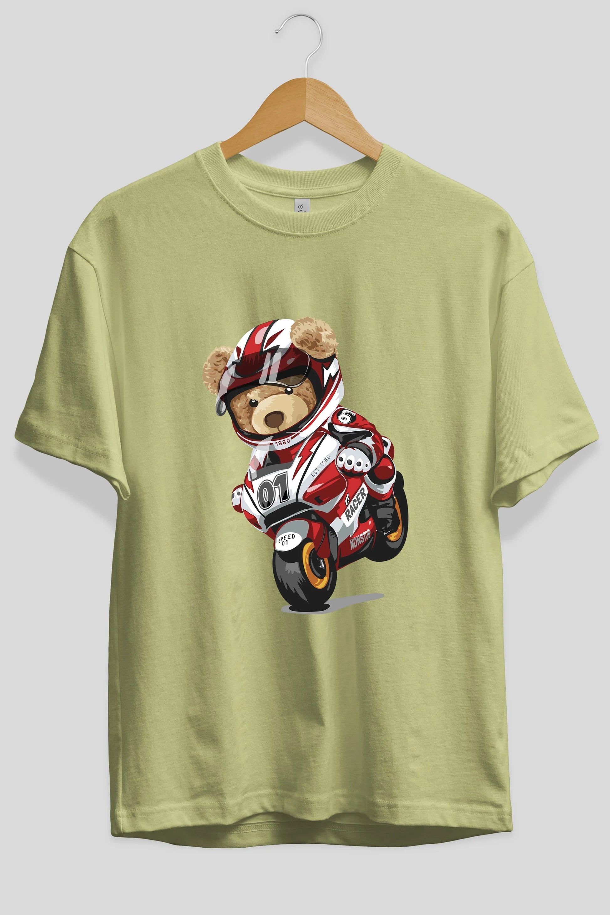 Teddy Bear Racer Ön Baskılı Oversize t-shirt Erkek Kadın Unisex %100 Pamuk