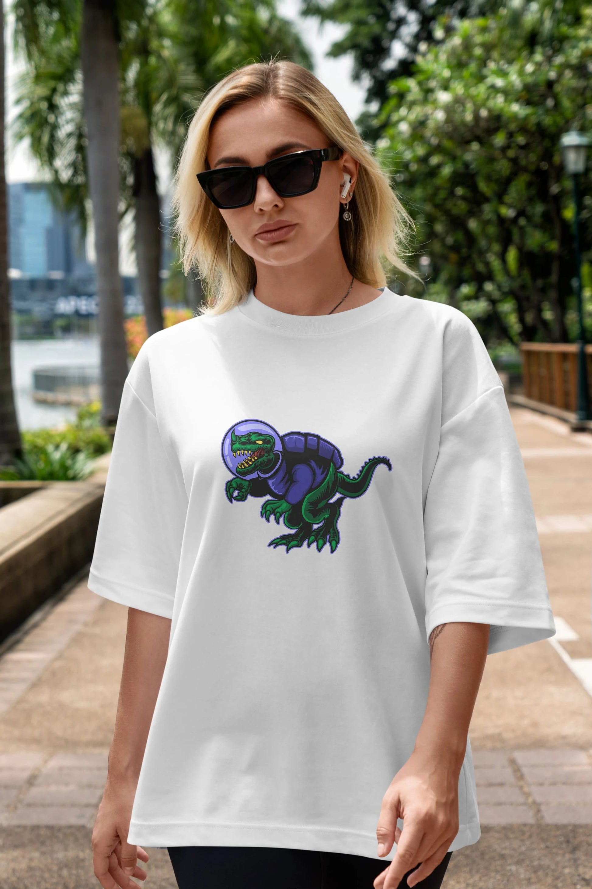 Space Dino Sticker Ön Baskılı Oversize t-shirt Erkek Kadın Unisex