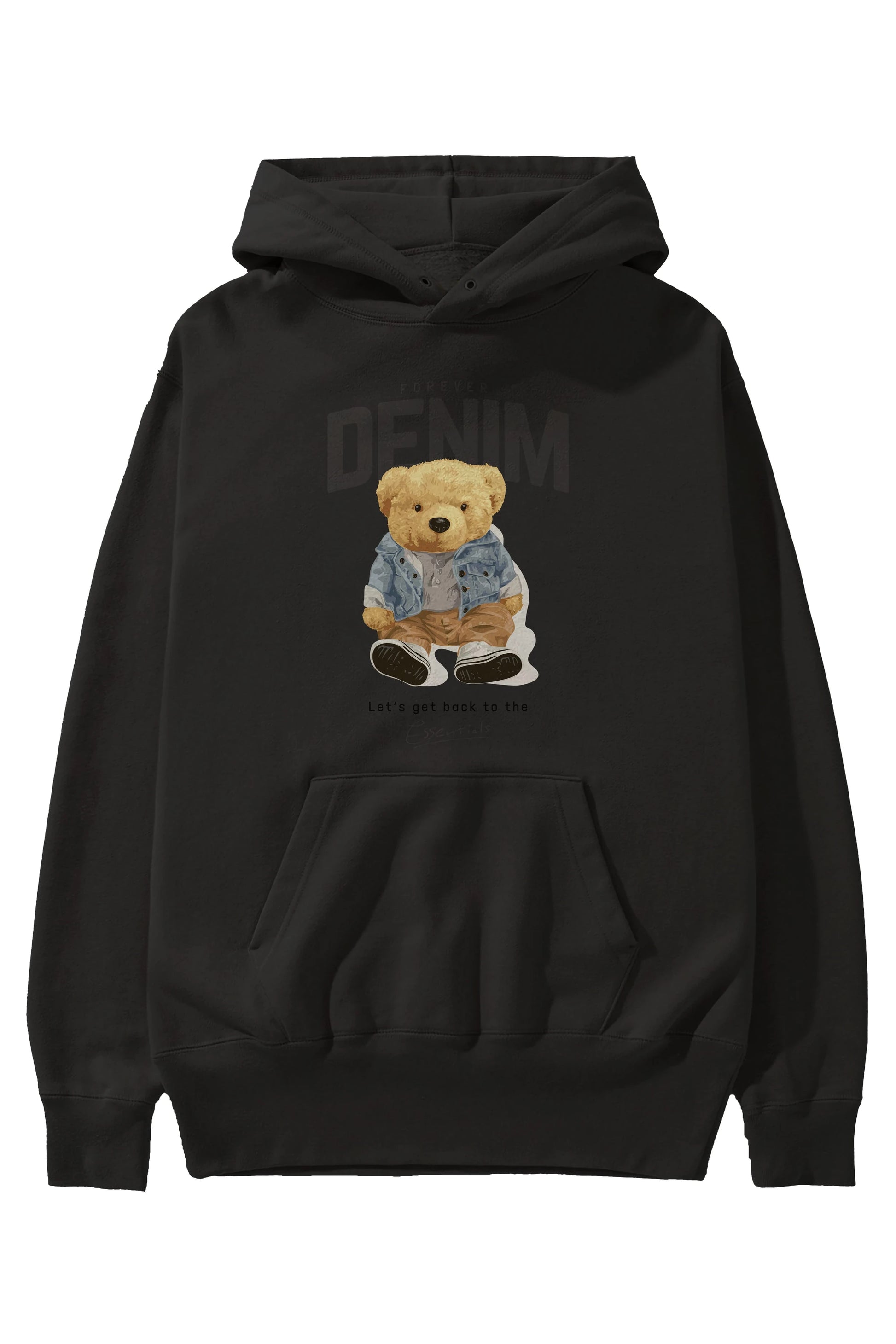Teddy Bear Forever Denim Ön Baskılı Hoodie Oversize Kapüşonlu Sweatshirt Erkek Kadın Unisex