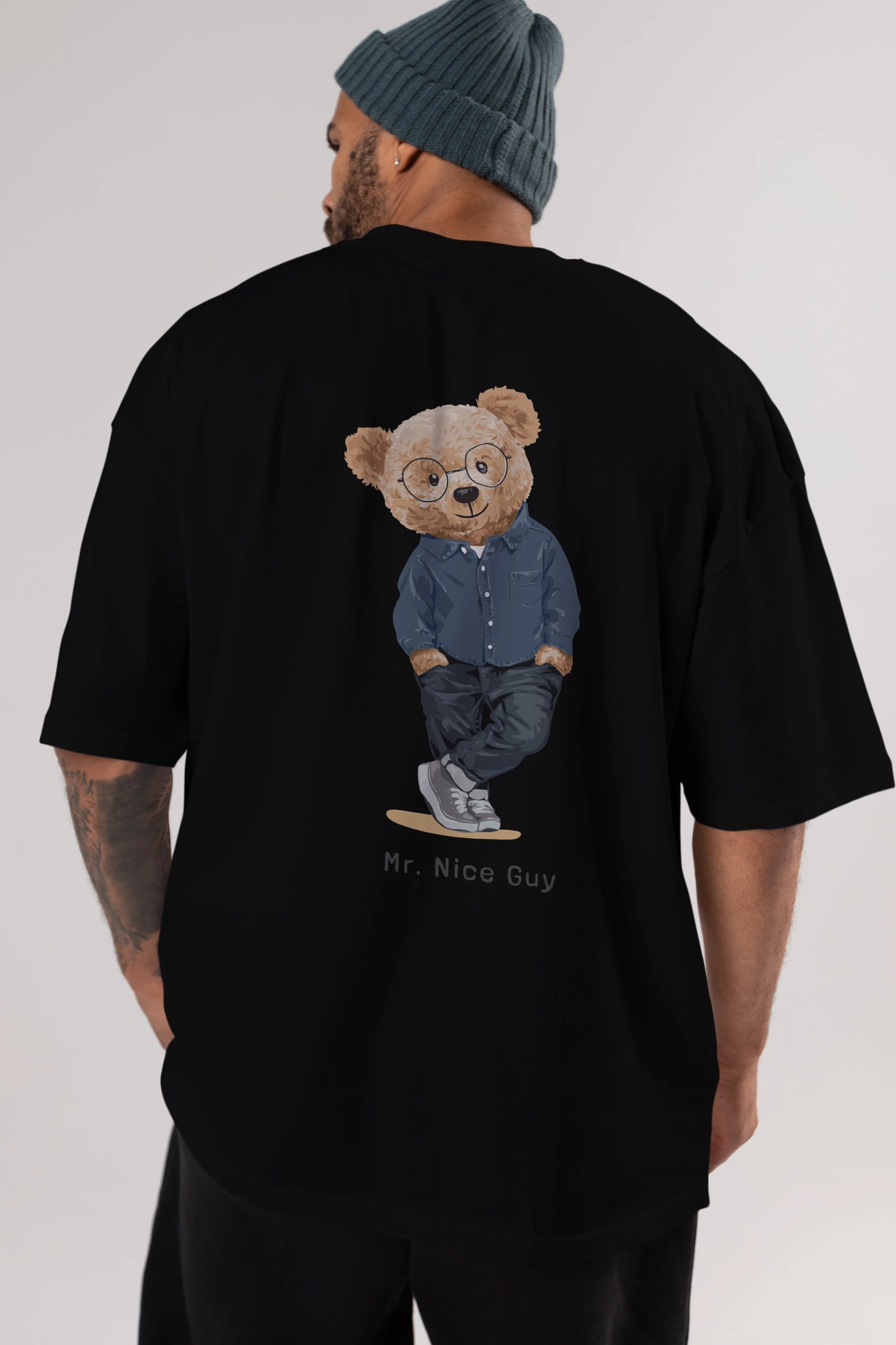 Teddy Bear Mr. Nice Guy Arka Baskılı Oversize t-shirt Erkek Kadın Unisex %100 Pamuk