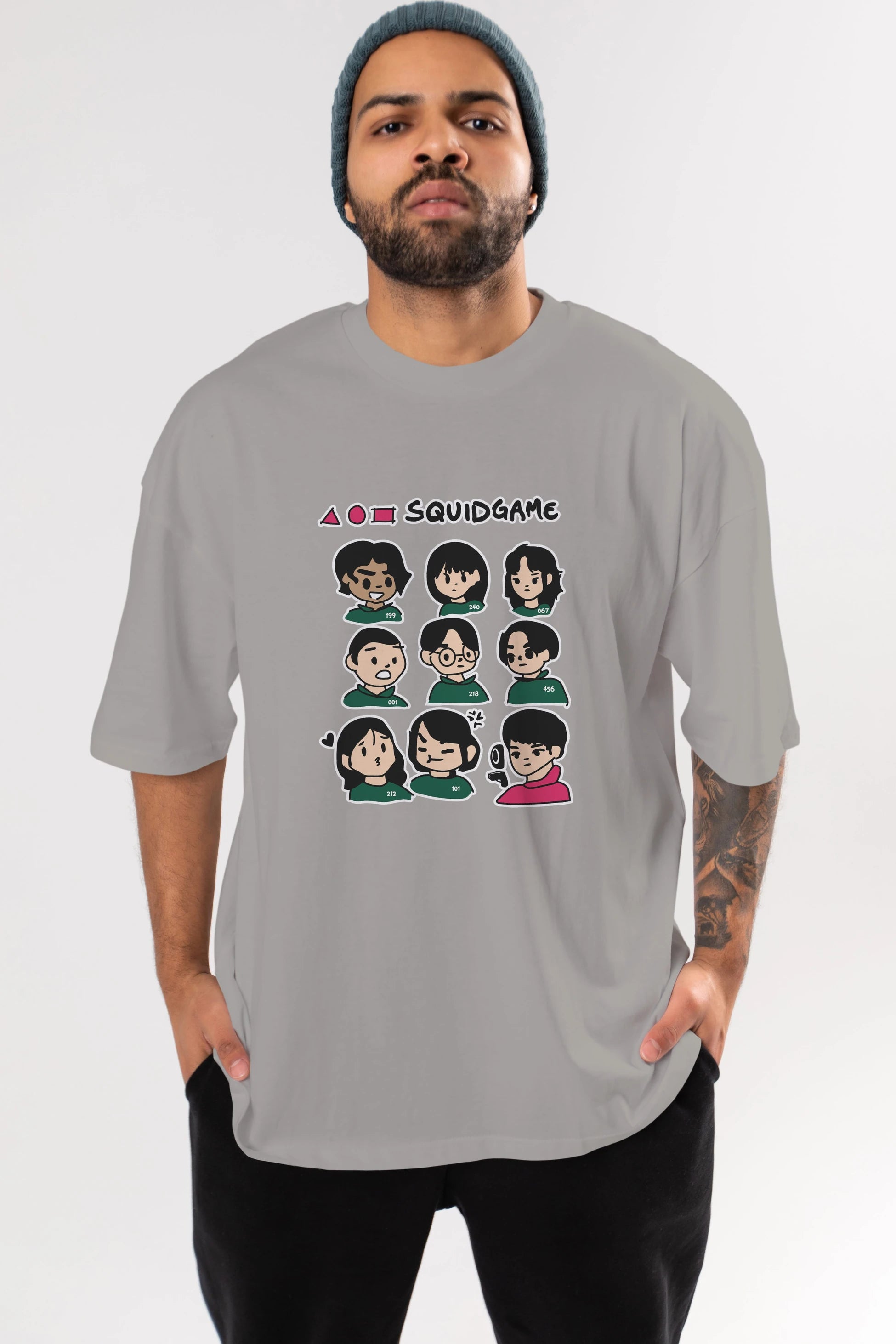 Squid Game (3) Ön Baskılı Oversize t-shirt Erkek Kadın Unisex %100 Pamuk Bisiklet Yaka tişort