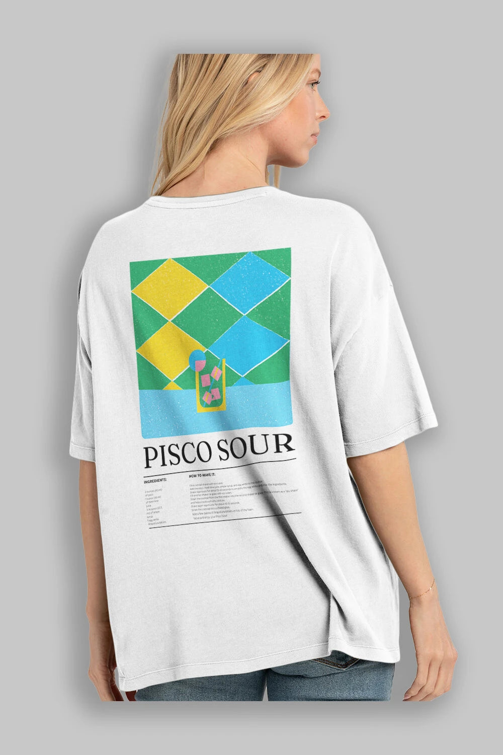 Pisco Sour Kokteyl Serisi Arka Baskılı Oversize t-shirt Erkek Kadın %100 Pamuk Bisiklet Yaka tişort