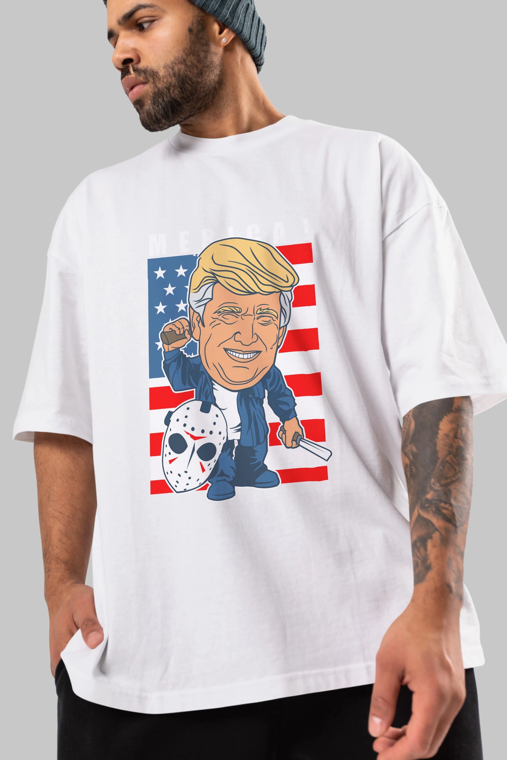 Jason Voorhess Trump Ön Baskılı Oversize t-shirt Erkek Kadın Unisex %100 Pamuk tişort