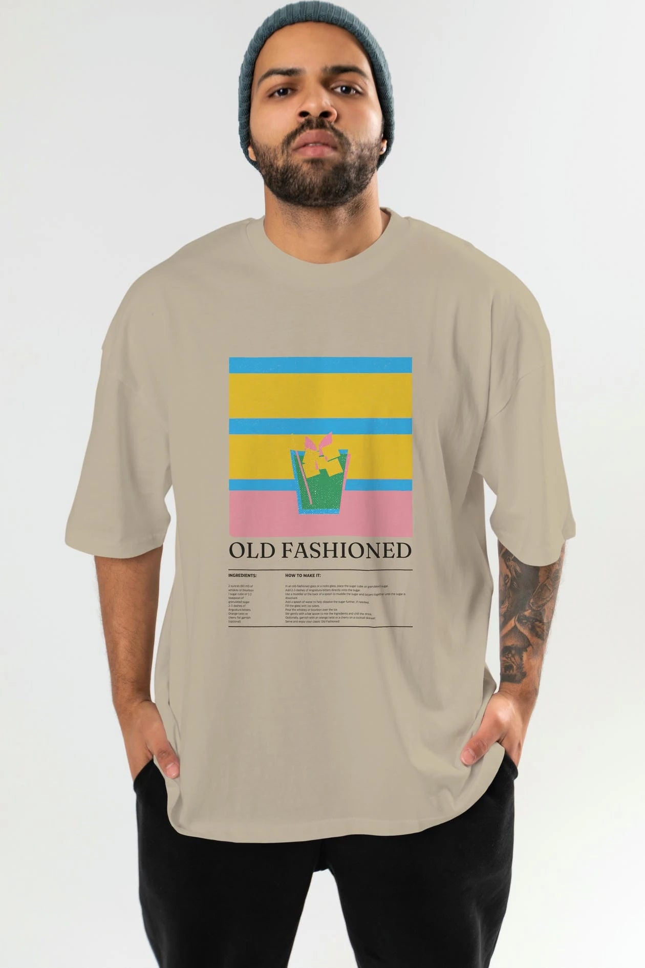 Old Fashioned Kokteyl Ön Baskılı Oversize t-shirt Erkek Kadın %100 Pamuk Bisiklet Yaka tişort