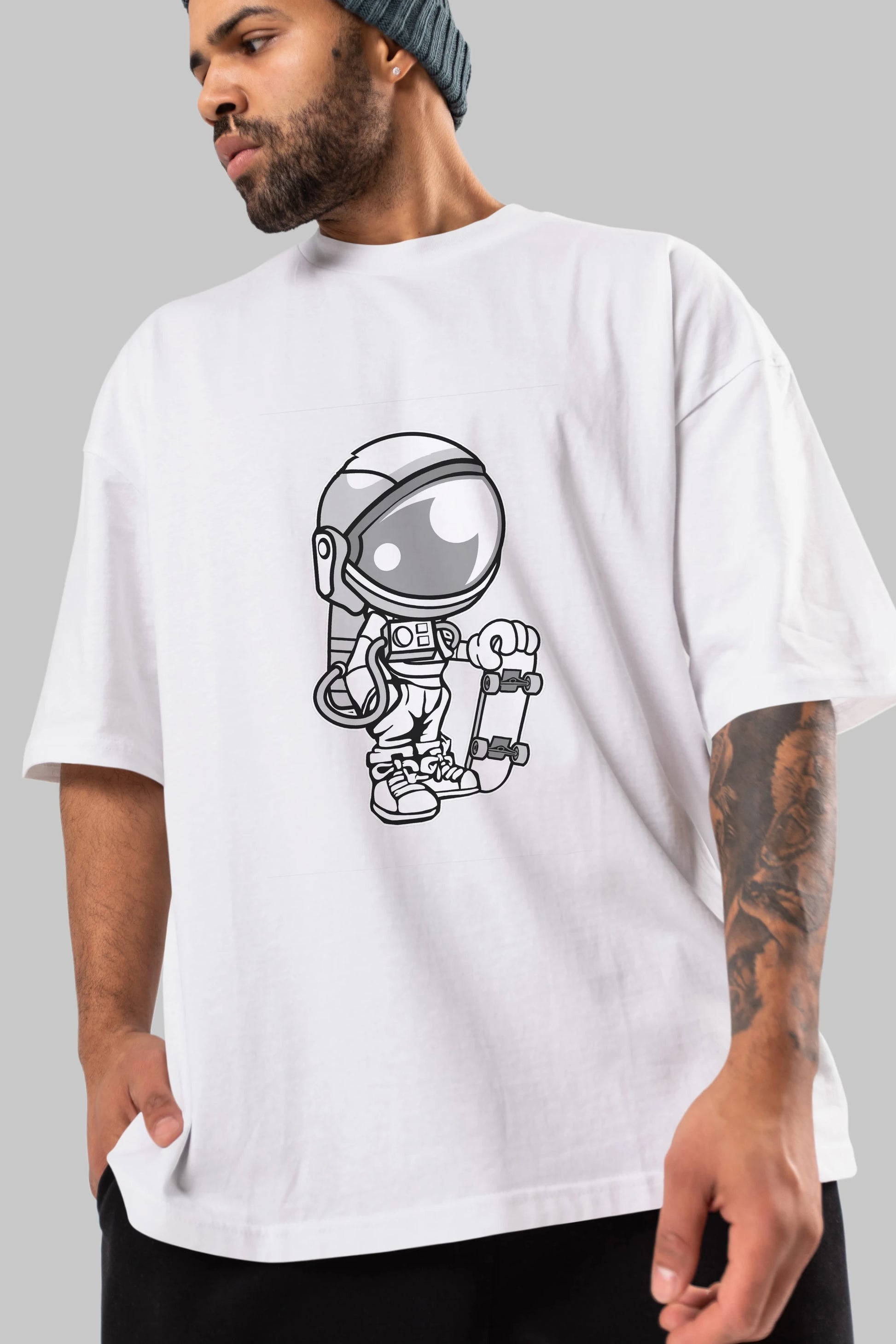Astronaut Skaterboy Ön Baskılı Oversize t-shirt Erkek Kadın Unisex %100 Pamuk tişort