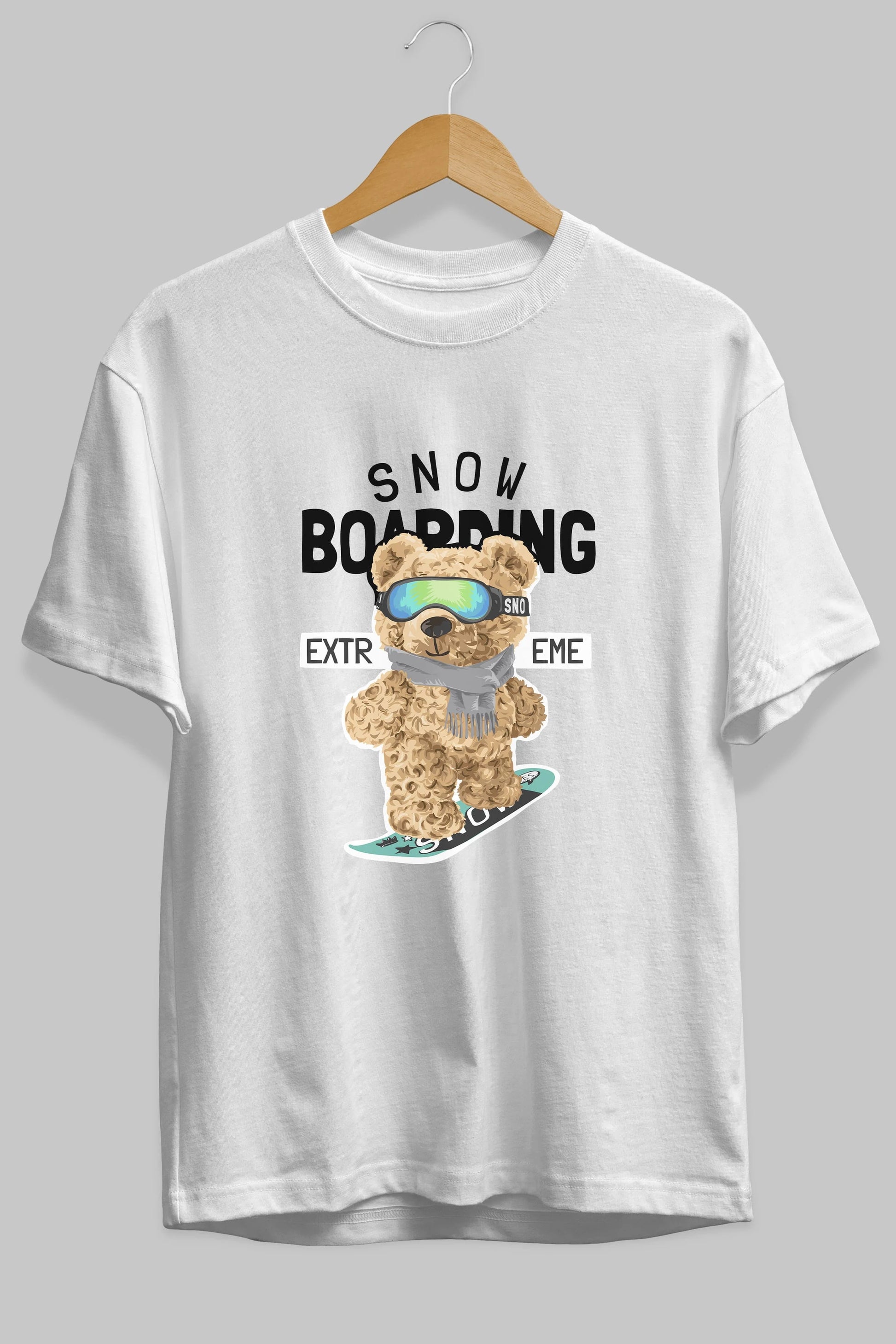 Teddy Bear Snow Boarding Ön Baskılı Oversize t-shirt Erkek Kadın Unisex %100 Pamuk