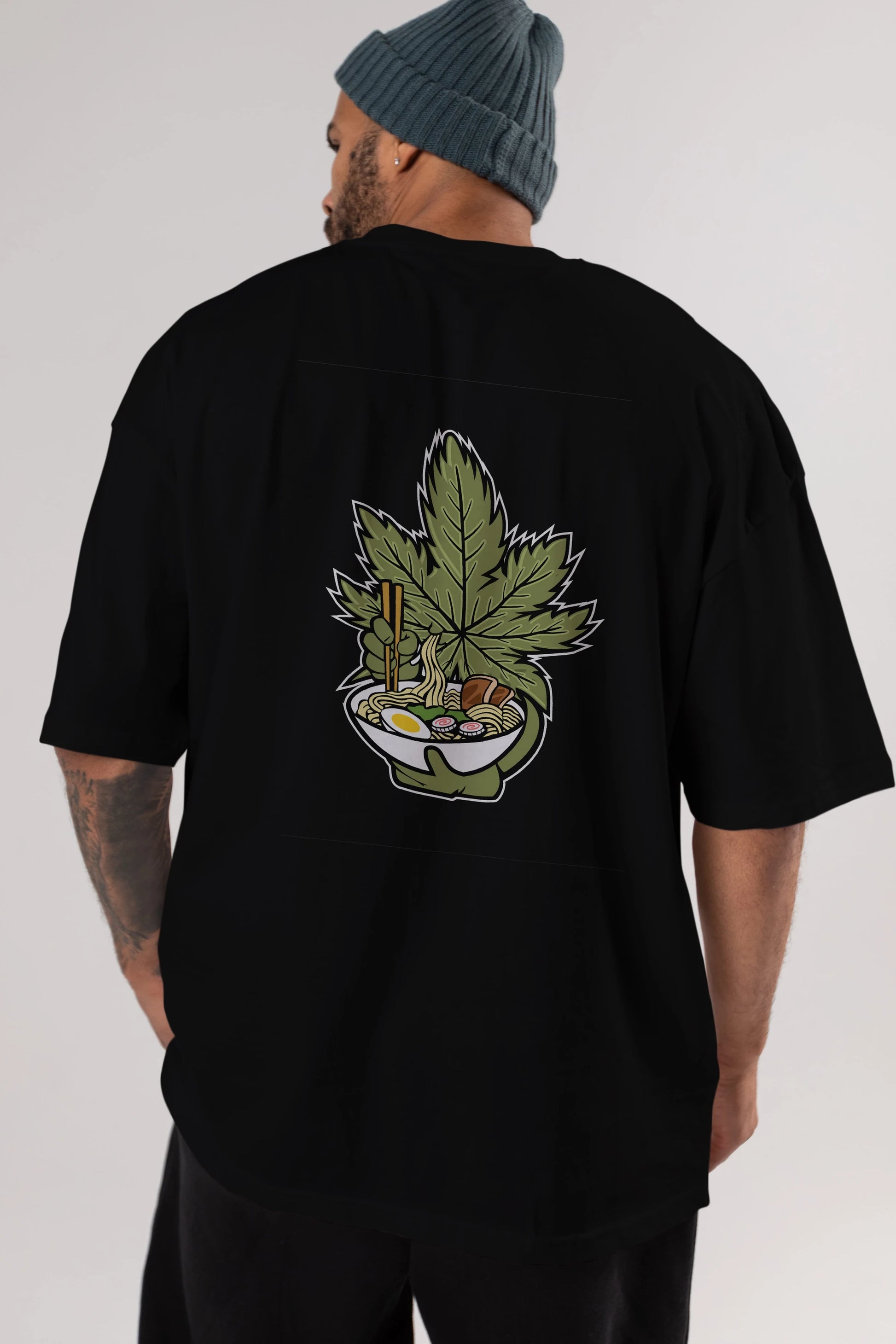 Weed Ramen Arka Baskılı Oversize t-shirt Erkek Kadın Unisex %100 Pamuk tişort