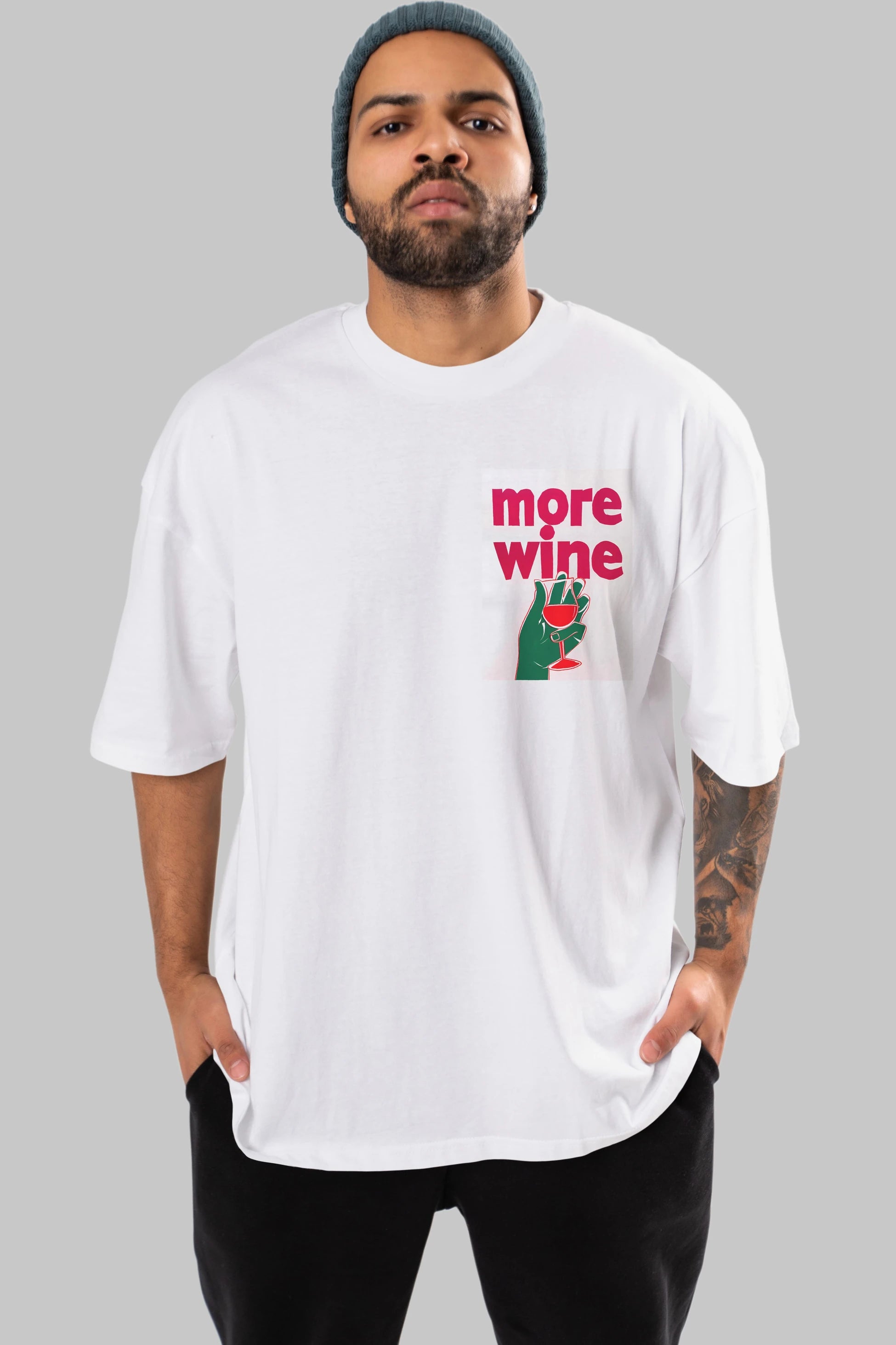 More Wine 3 Ön Sol Baskılı Oversize t-shirt Erkek Kadın Unisex %100 Pamuk Bisiklet Yaka tişort