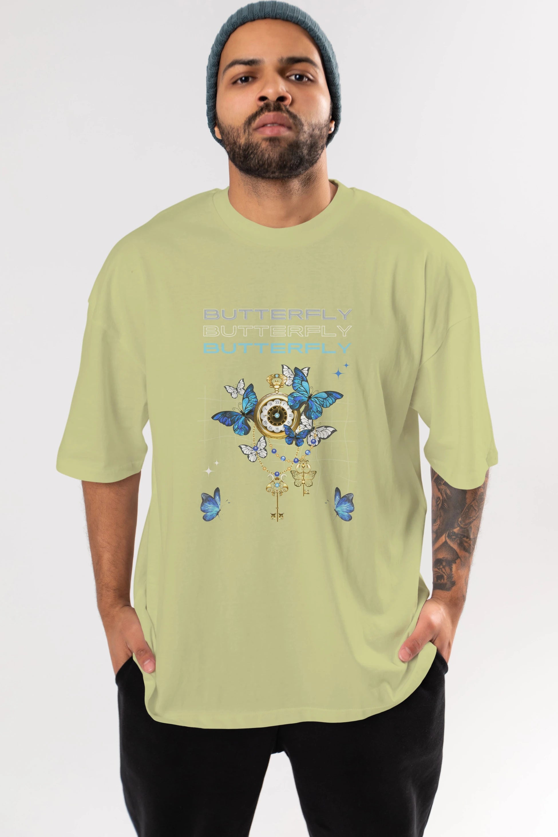 Butterfly Yazılı Ön Baskılı Oversize t-shirt Erkek Kadın Unisex