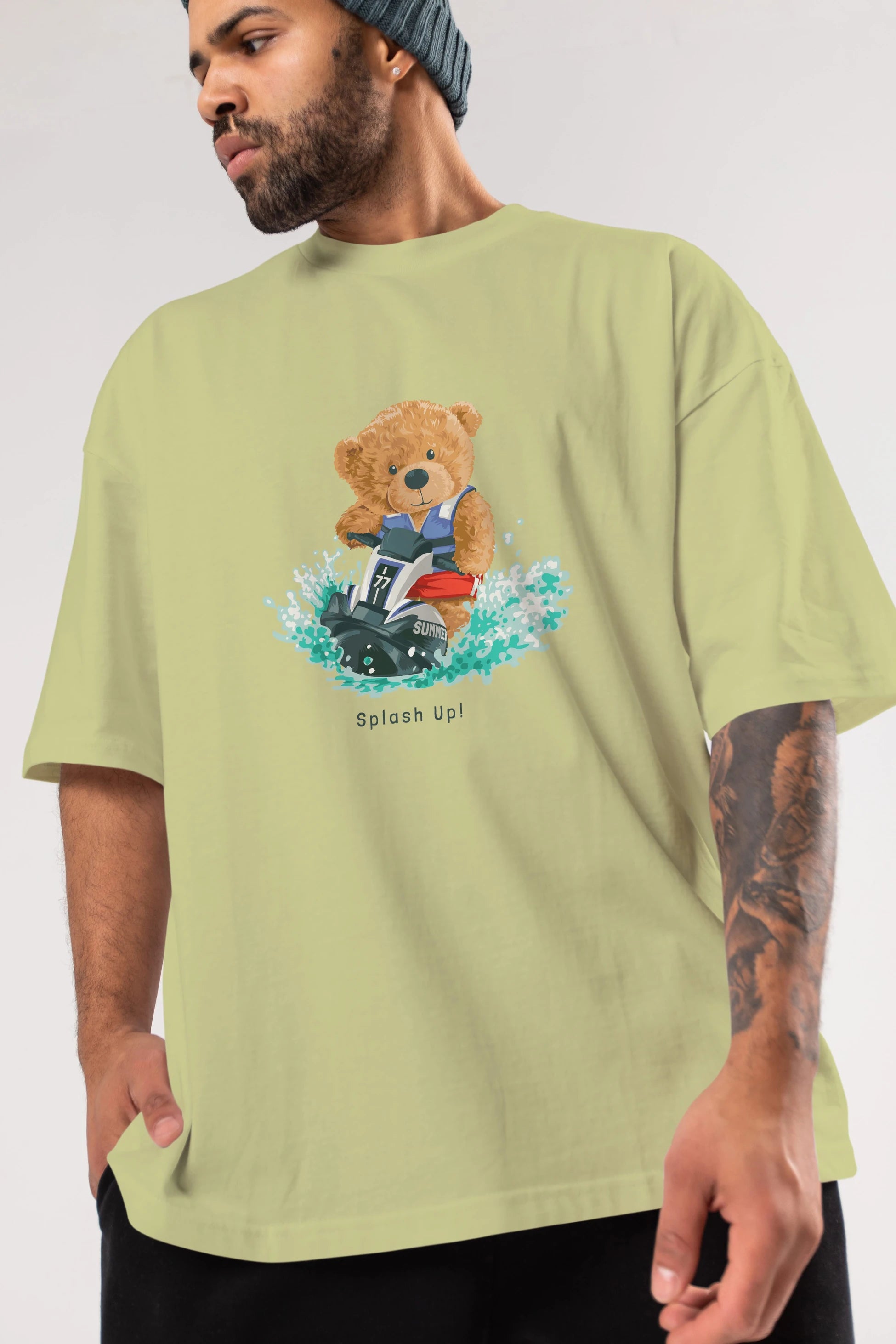 Teddy Bear Splash Up Ön Baskılı Oversize t-shirt Erkek Kadın Unisex %100 Pamuk