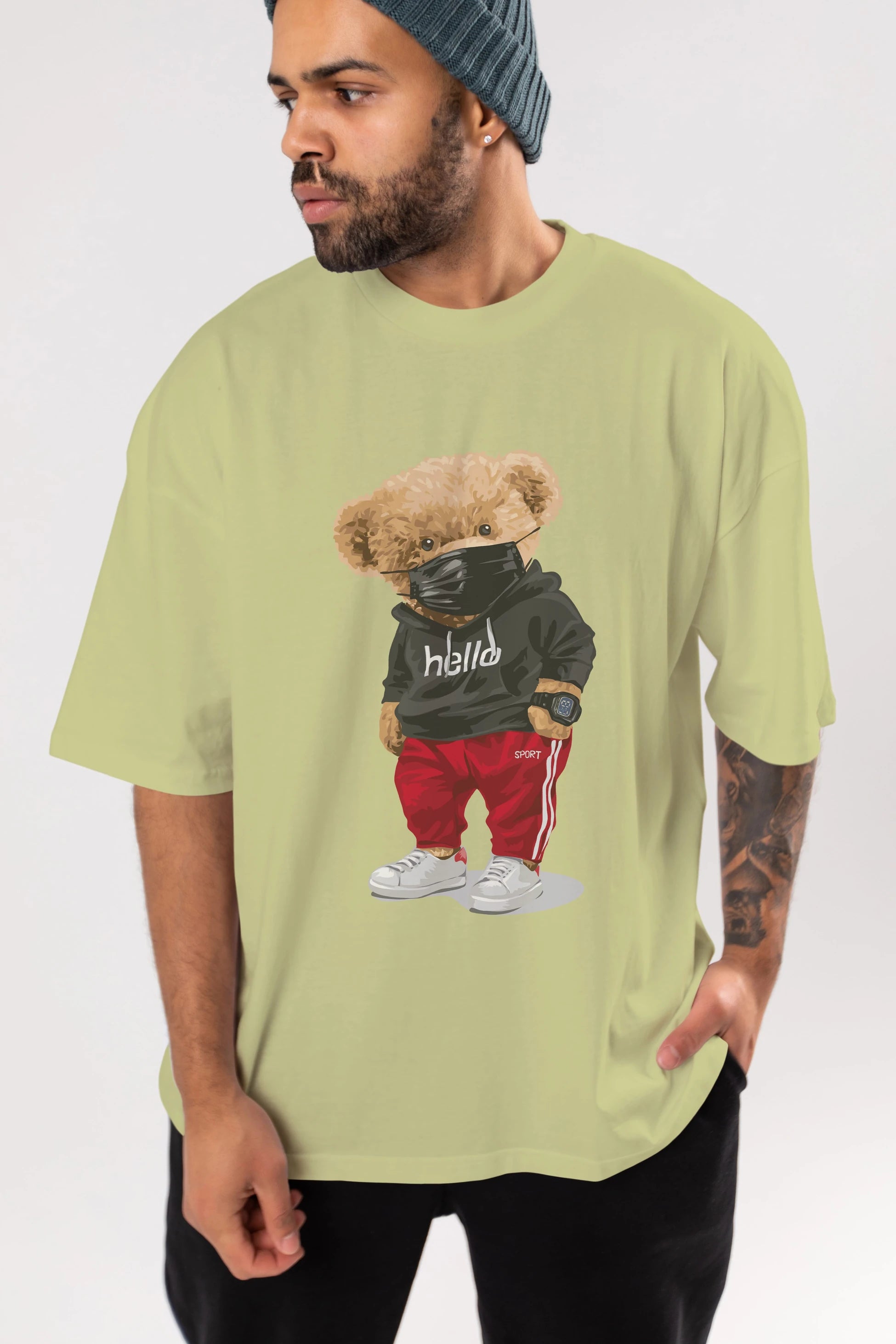 Teddy Bear Hello Sport Ön Baskılı Oversize t-shirt Erkek Kadın Unisex %100 Pamuk
