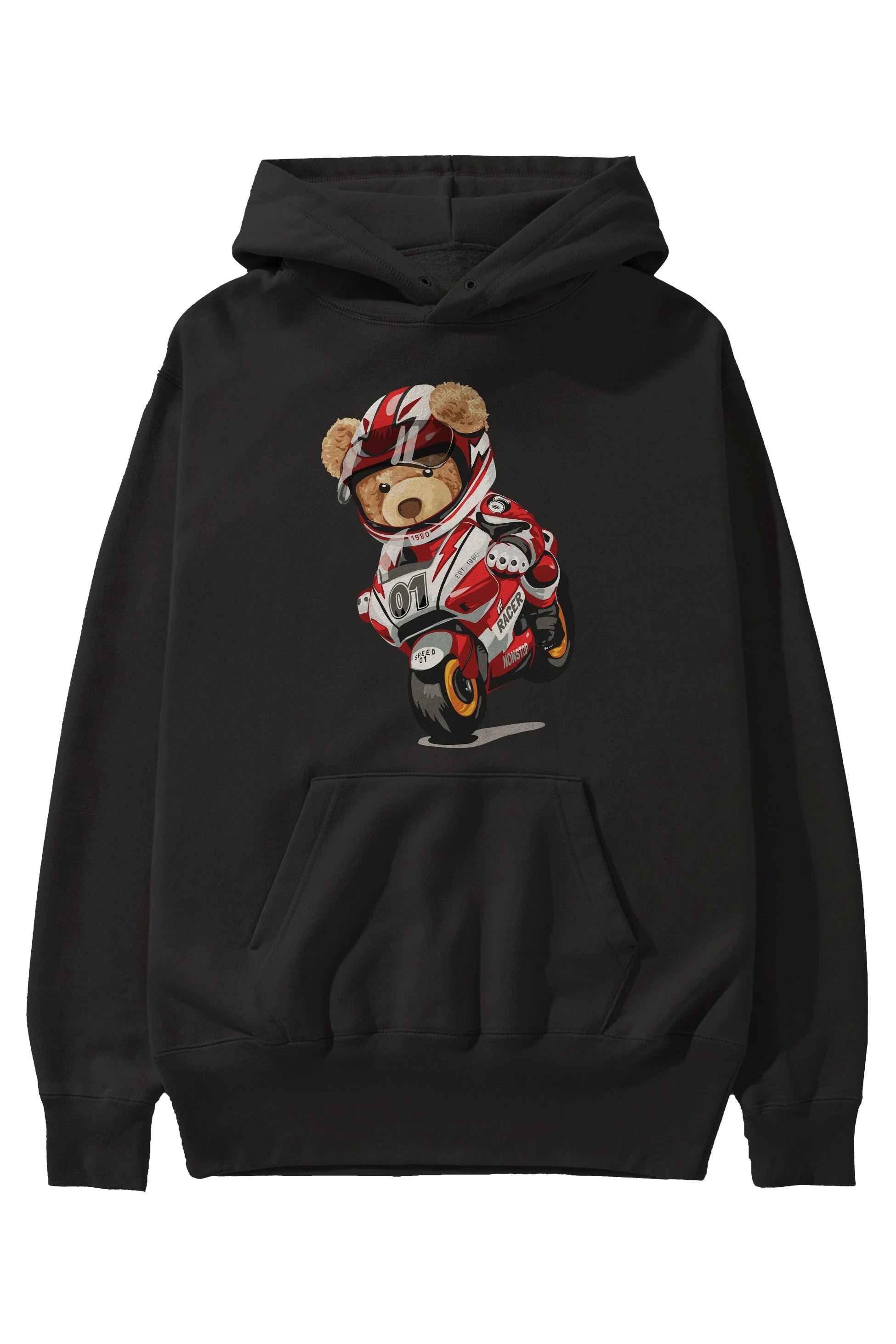 Teddy Bear Racer Ön Baskılı Hoodie Oversize Kapüşonlu Sweatshirt Erkek Kadın Unisex