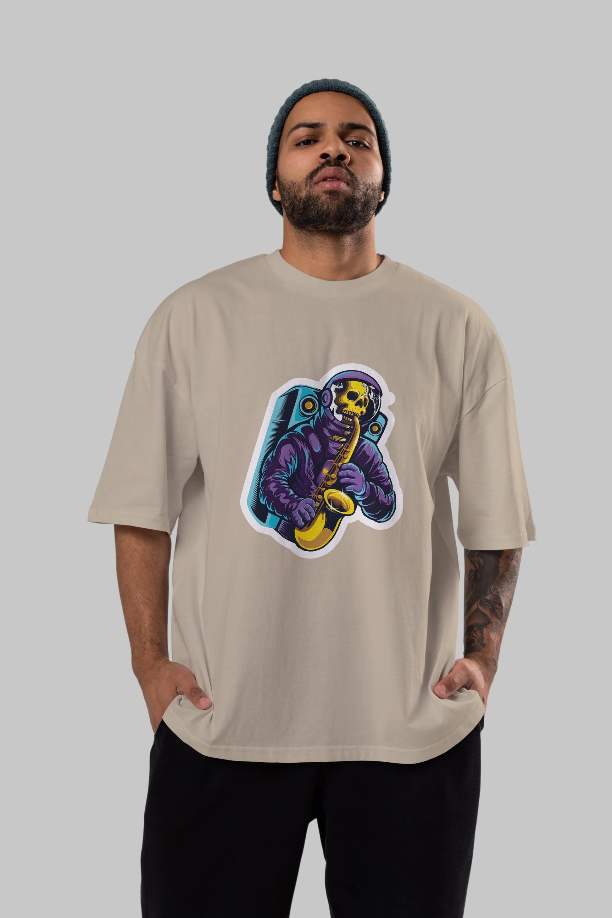 Astroskull Saxophonist Sticker Ön Baskılı Oversize t-shirt Erkek Kadın Unisex