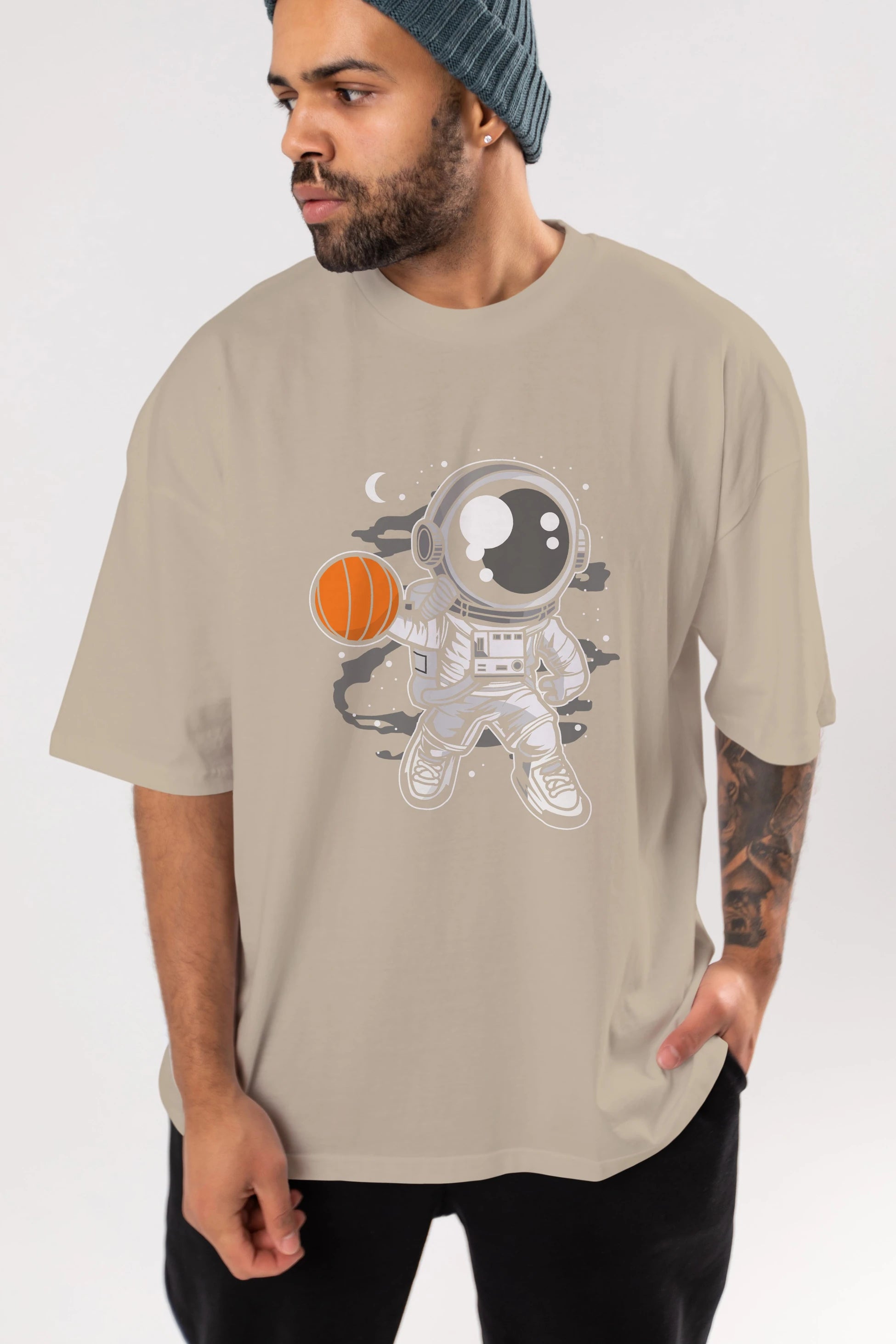 Astronaut Basketball Ön Baskılı Oversize t-shirt Erkek Kadın Unisex