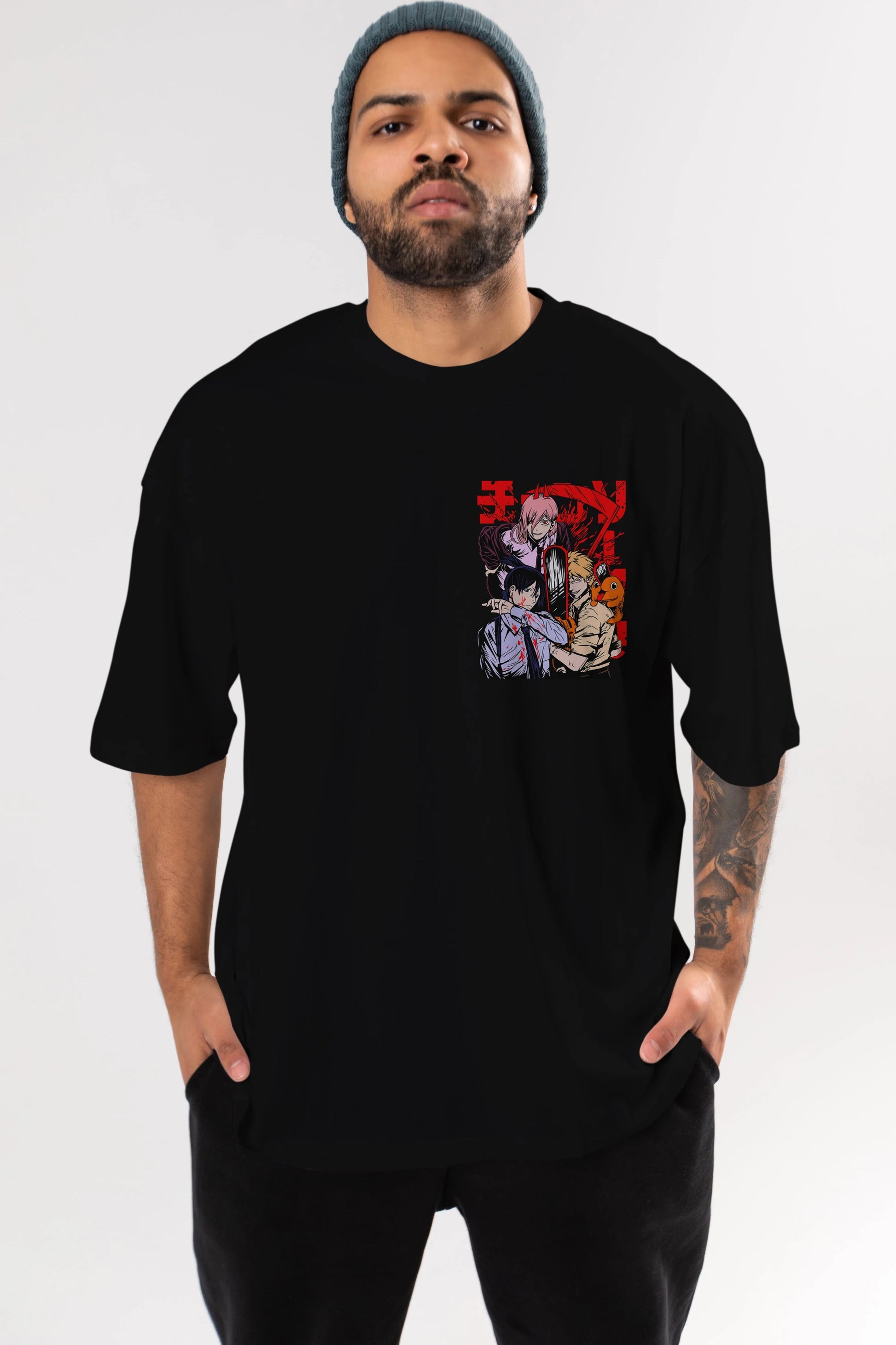 CHAINSAWMAN CREW Ön Sol Baskılı Oversize t-shirt Erkek Kadın Unisex %100 Pamuk Bisiklet Yaka tişort