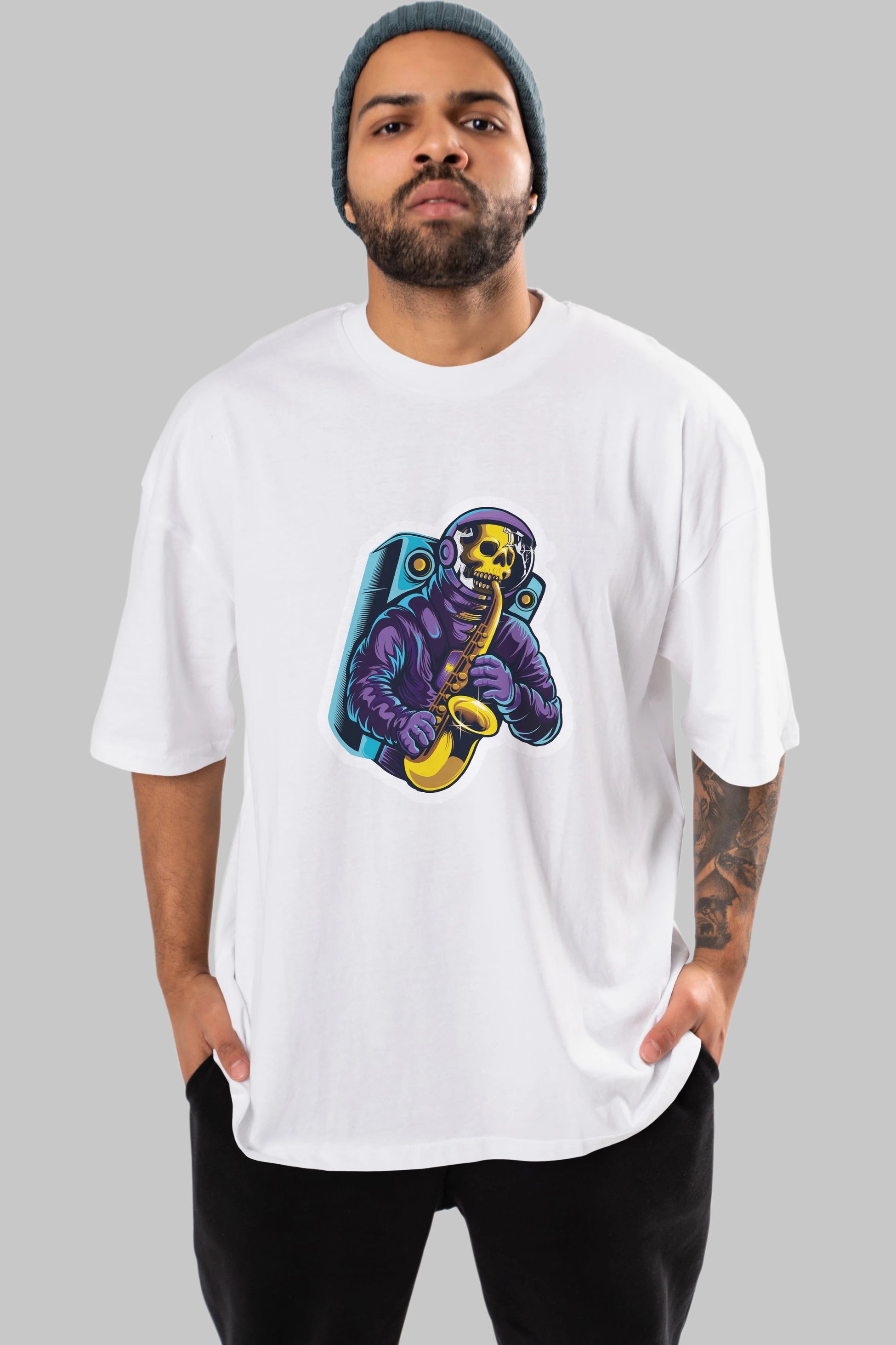 Astroskull Saxophonist Sticker Ön Baskılı Oversize t-shirt Erkek Kadın Unisex