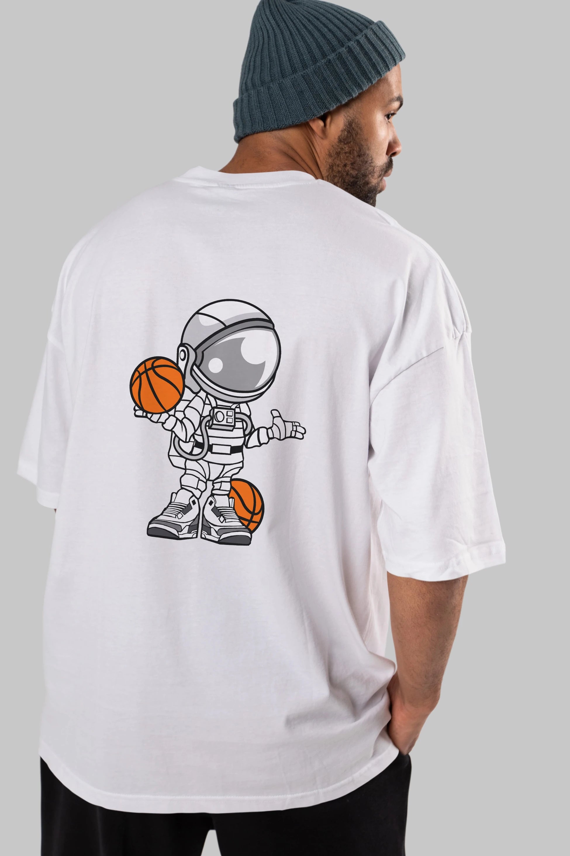 Astronaut Basketball Player Arka Baskılı Oversize t-shirt Erkek Kadın Unisex %100 Pamuk tişort