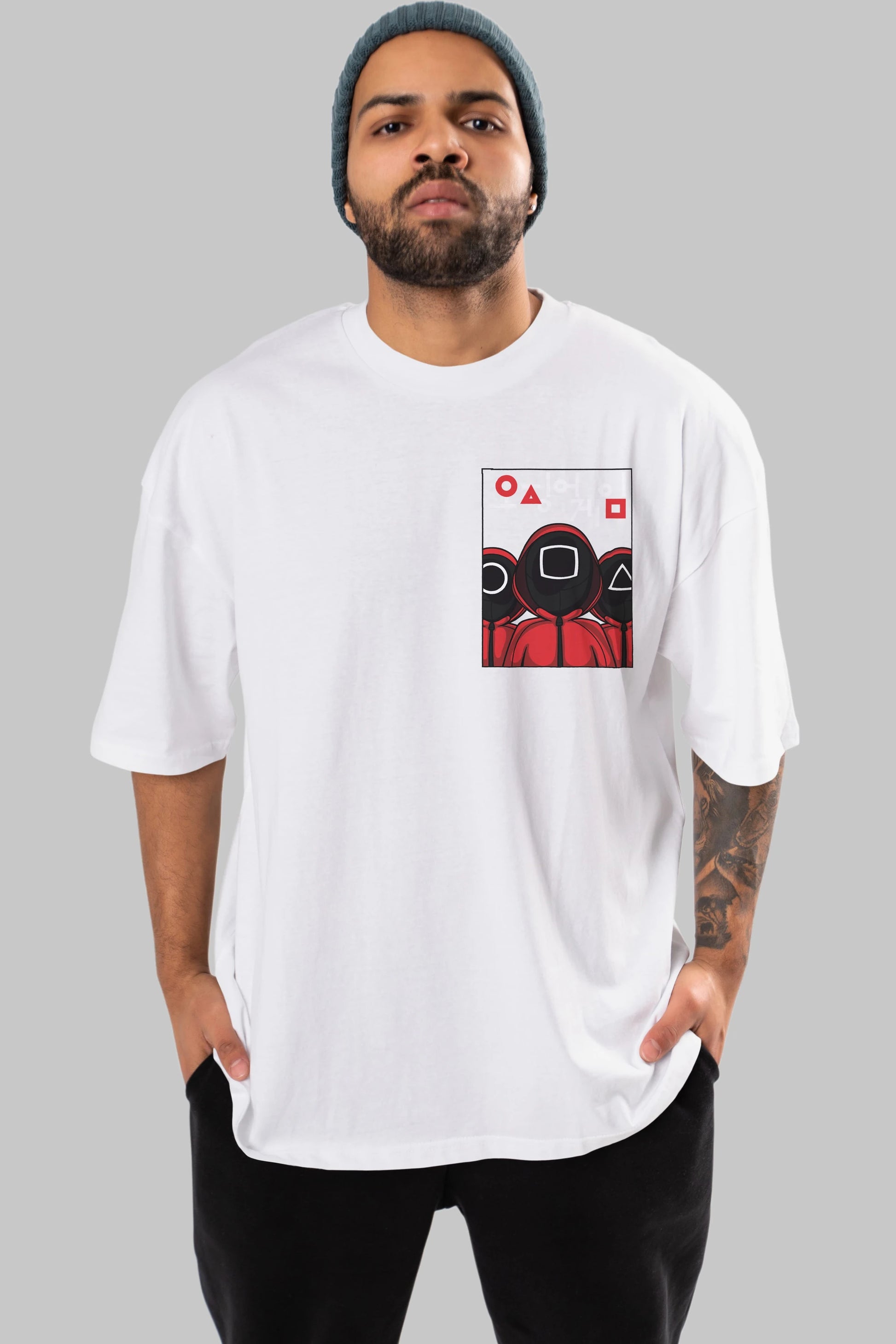 Squid Game (7) Ön Sol Baskılı Oversize t-shirt Erkek Kadın Unisex %100 Pamuk Bisiklet Yaka tişort