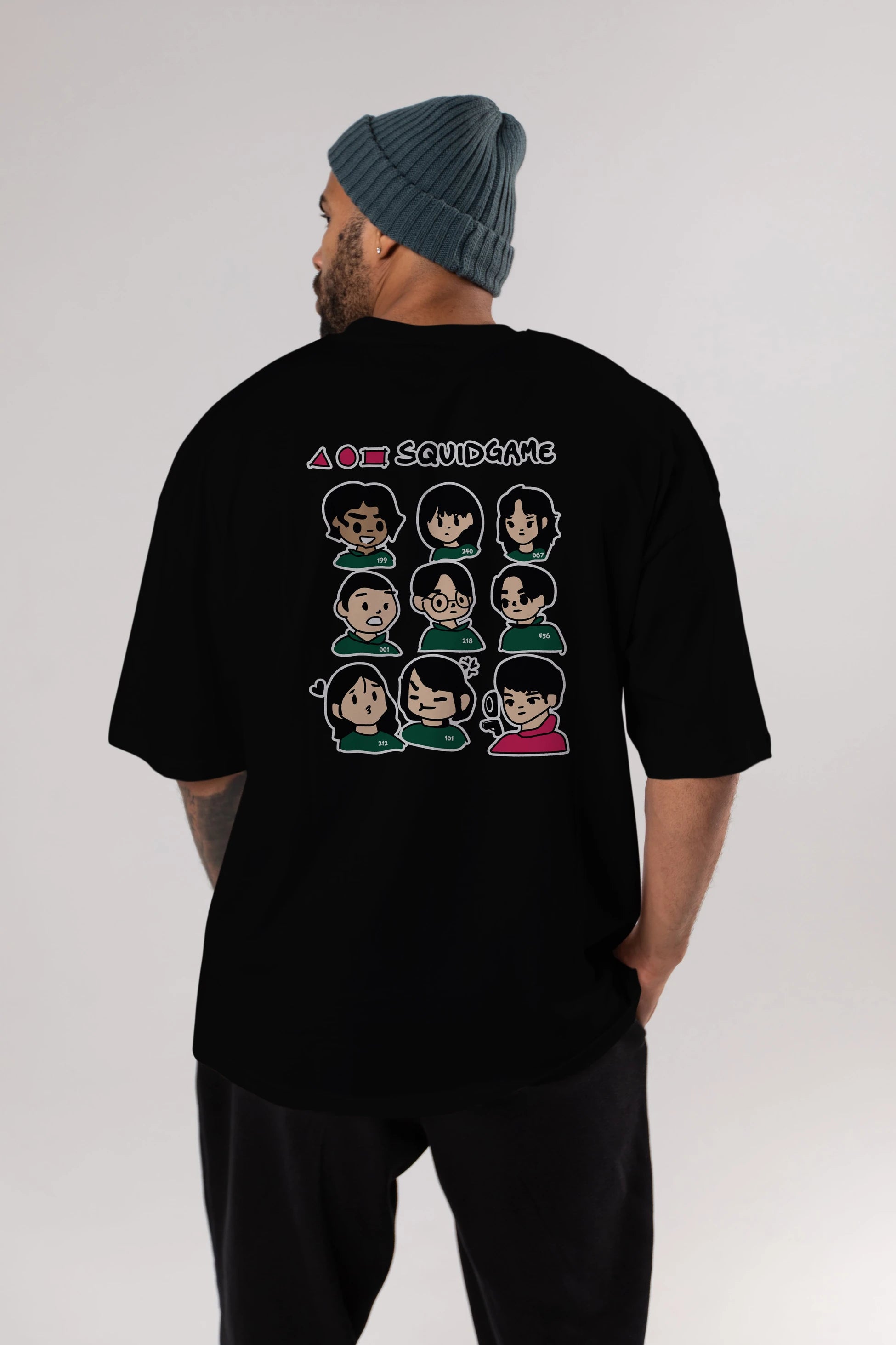 Squid Game (3) Arka Baskılı Oversize t-shirt Erkek Kadın Unisex %100 Pamuk Bisiklet Yaka tişort