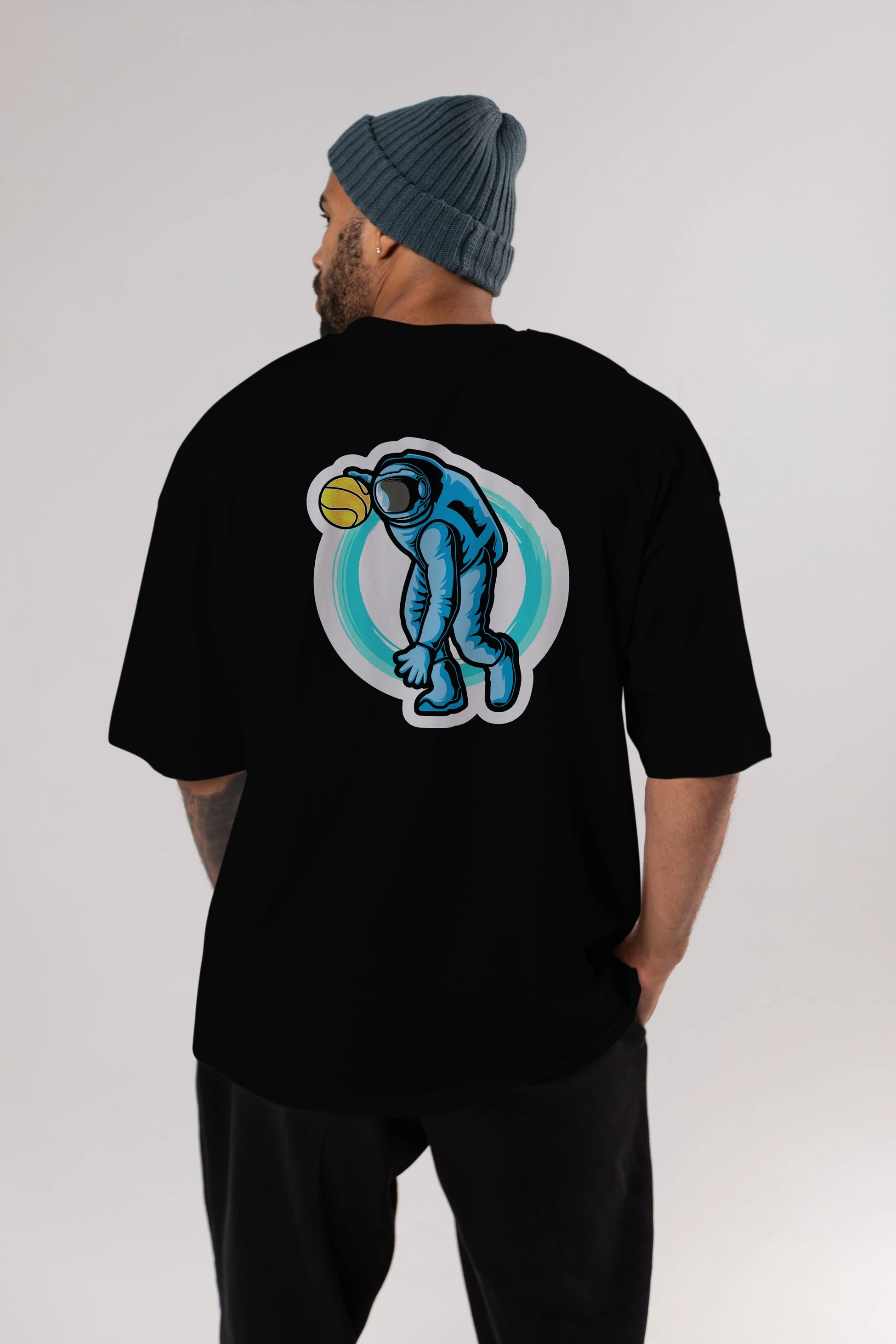 Astronaut Dribble Sticker Arka Baskılı Oversize t-shirt Erkek Kadın Unisex