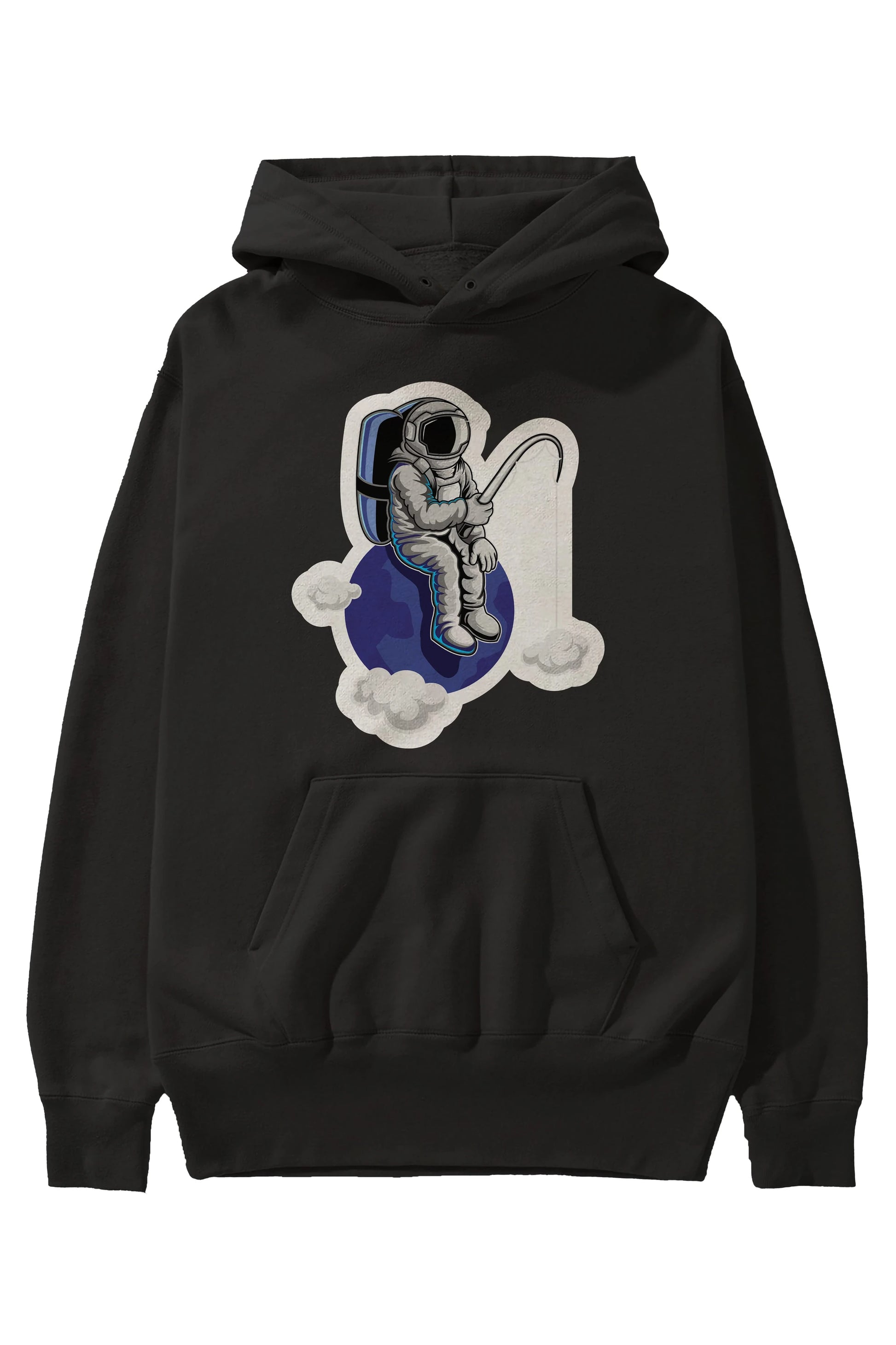 Astronaut Fishing Sticker Ön Baskılı Hoodie Oversize Kapüşonlu Sweatshirt Erkek Kadın Unisex