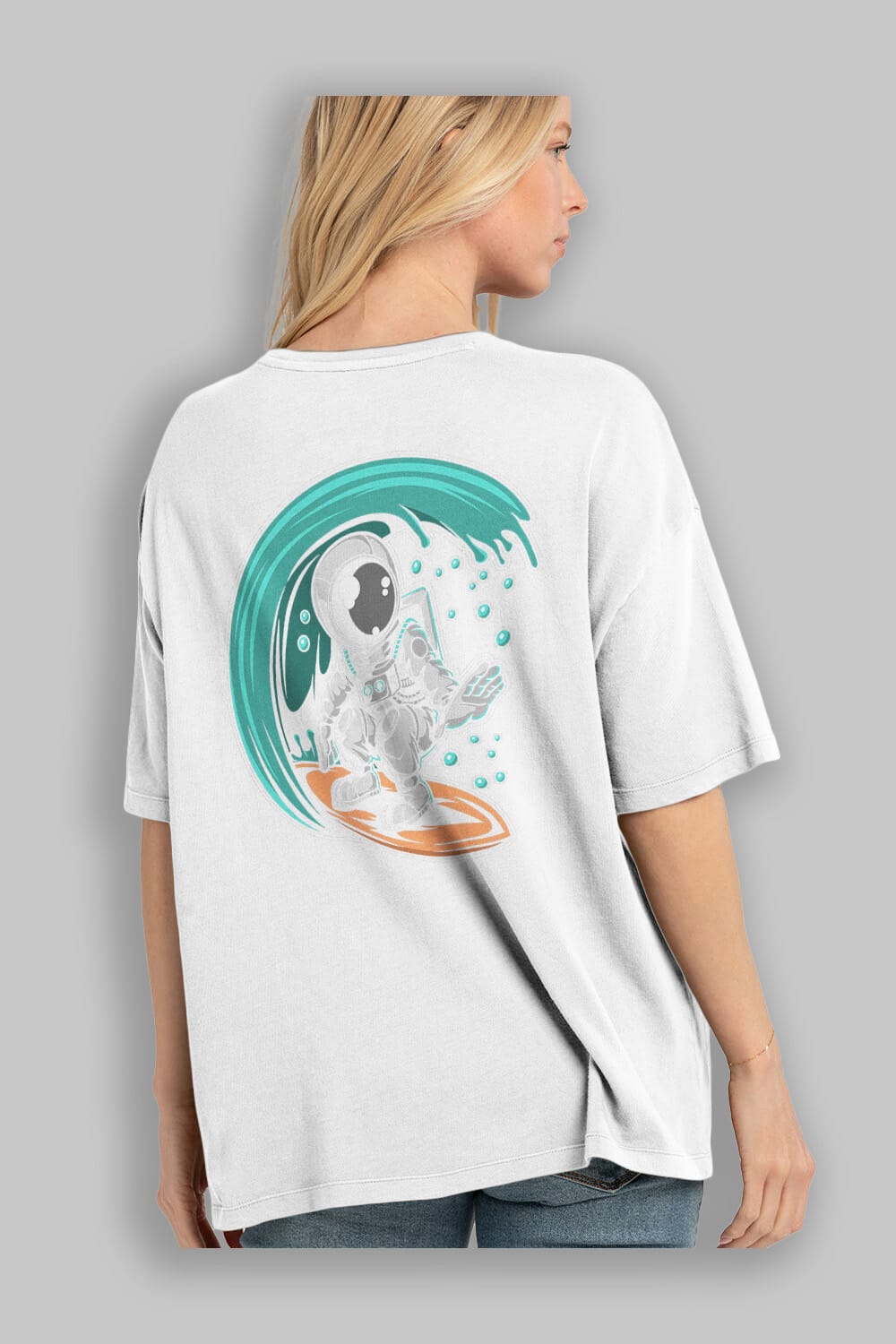 Astronaut Surfing Arka Baskılı Oversize t-shirt Erkek Kadın Unisex