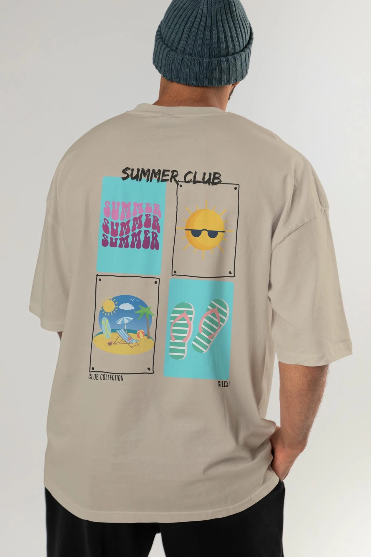 Summer Club Arka Baskılı Oversize t-shirt Erkek Kadın %100 Pamuk Bisiklet Yaka tişort