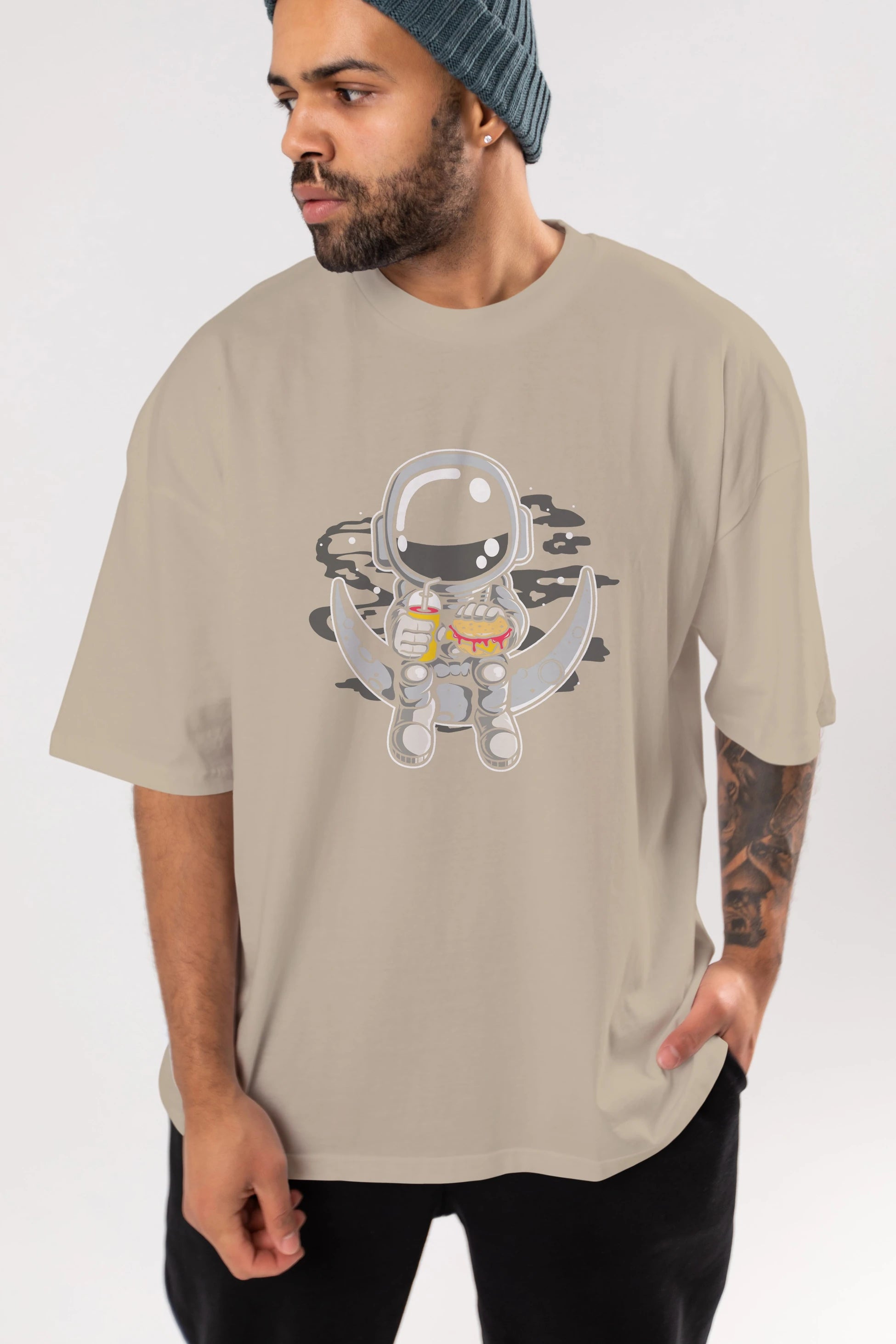 Astronaut Crescent Ön Baskılı Oversize t-shirt Erkek Kadın Unisex