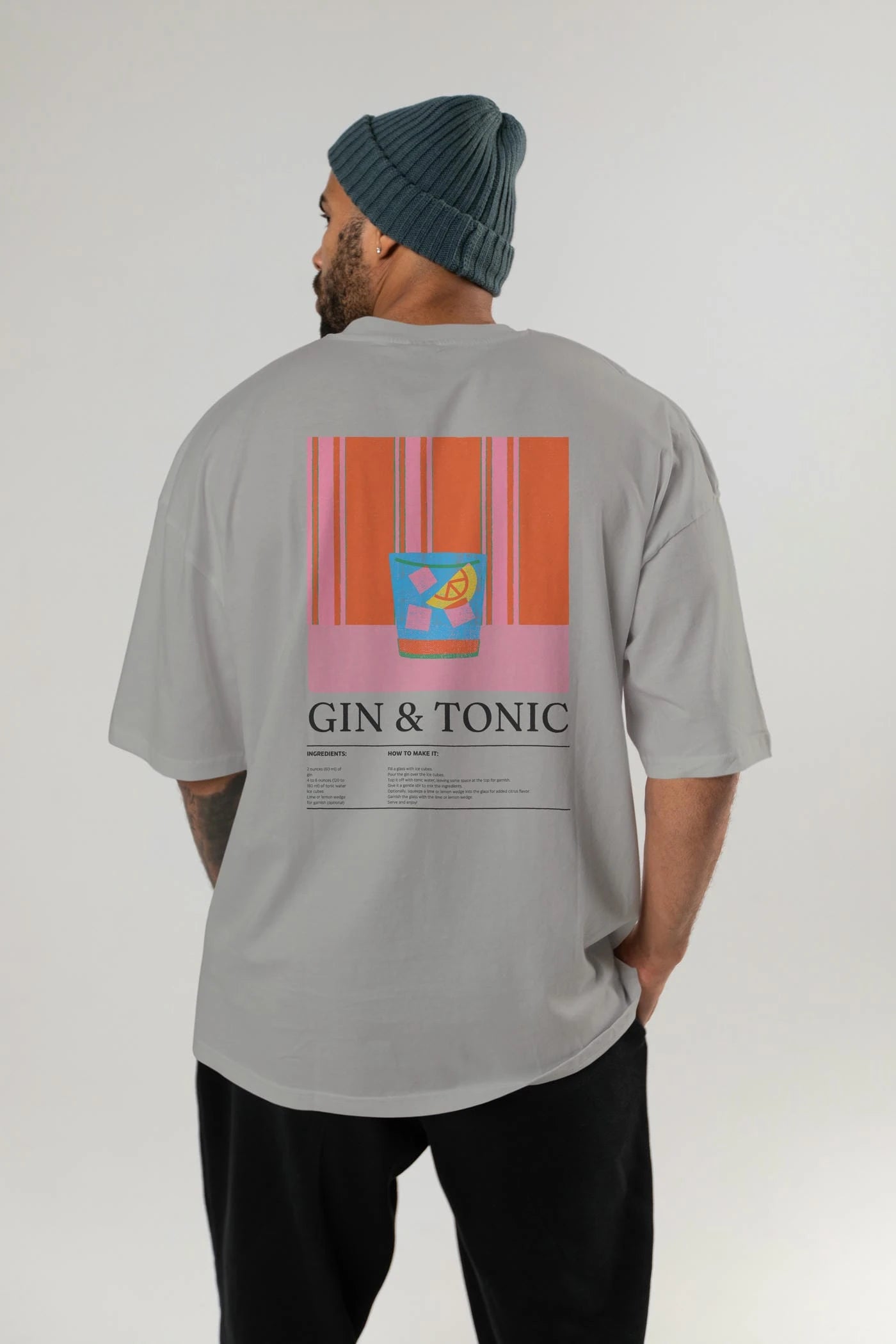 Gin Tonic Kokteyl Serisi Arka Baskılı Oversize t-shirt Erkek Kadın %100 Pamuk Bisiklet Yaka tişort