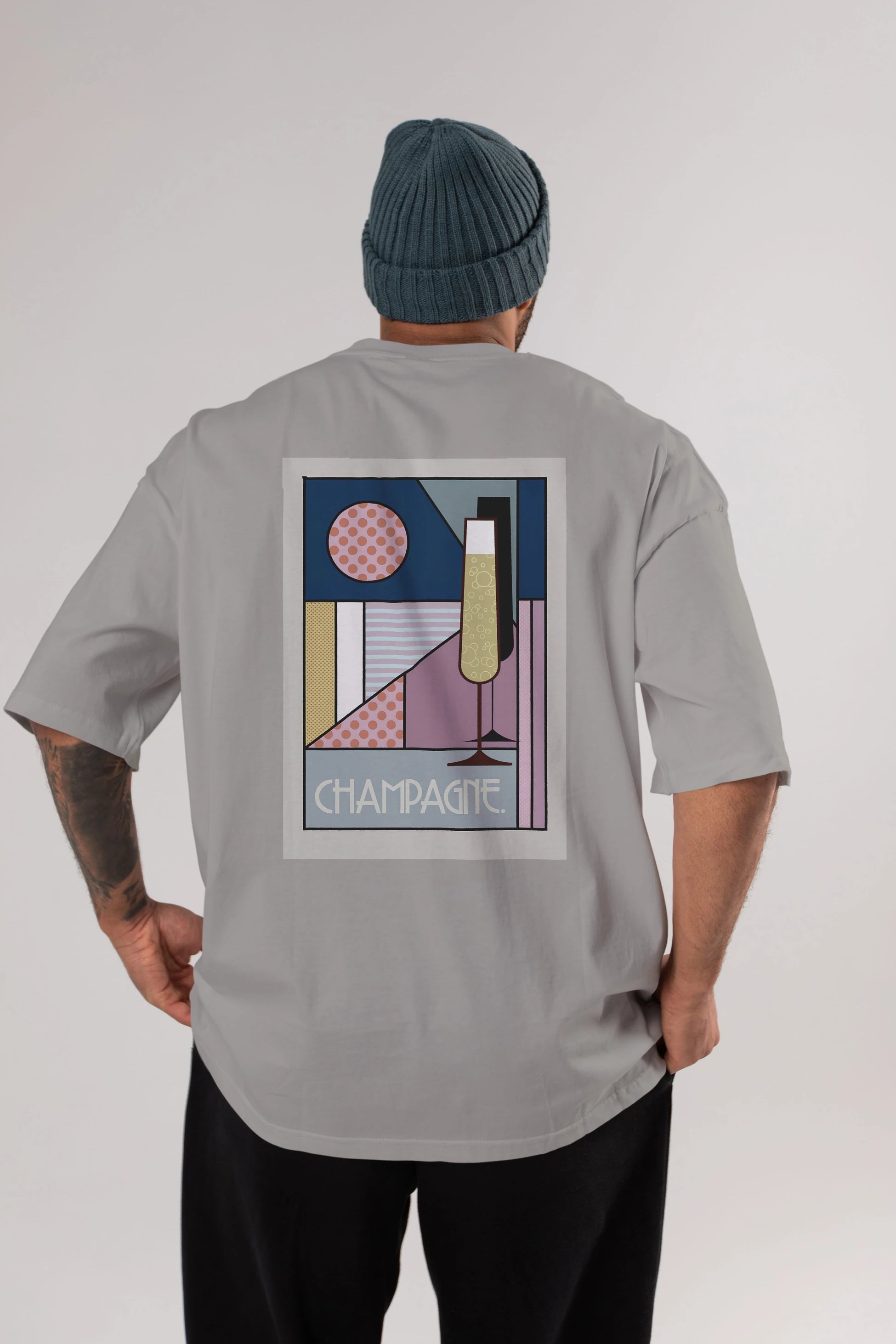 Champagne Arka Baskılı Oversize t-shirt Erkek Kadın Unisex %100 Pamuk Bisiklet Yaka tişort