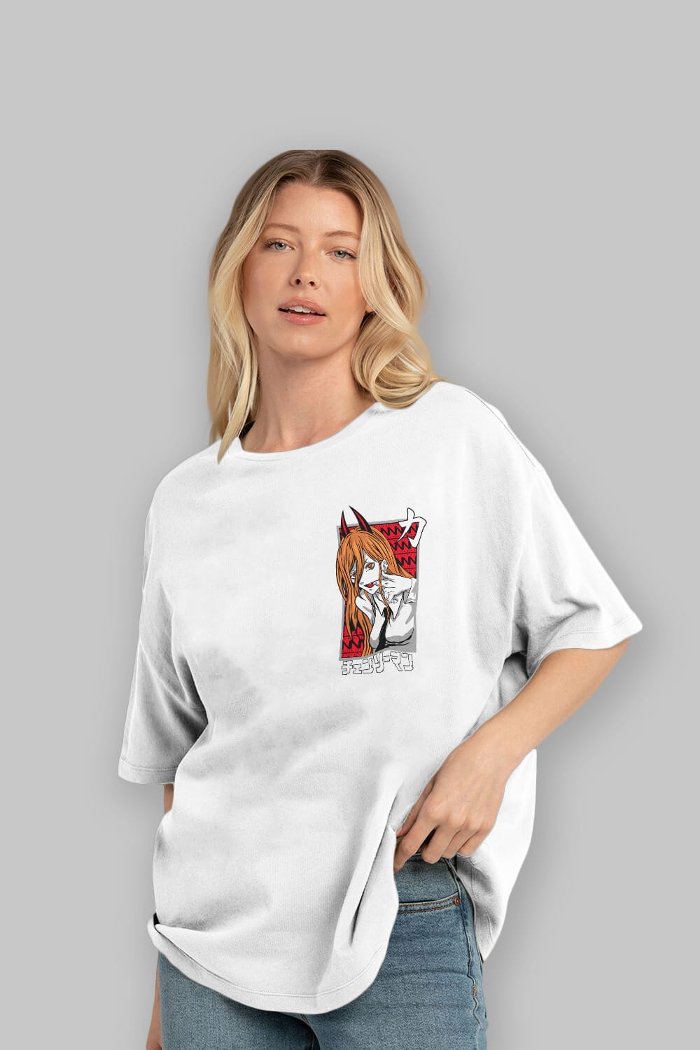 CHAINSAWMAN POWER Ön Sol Baskılı Oversize t-shirt Erkek Kadın Unisex %100 Pamuk Bisiklet Yaka tişort