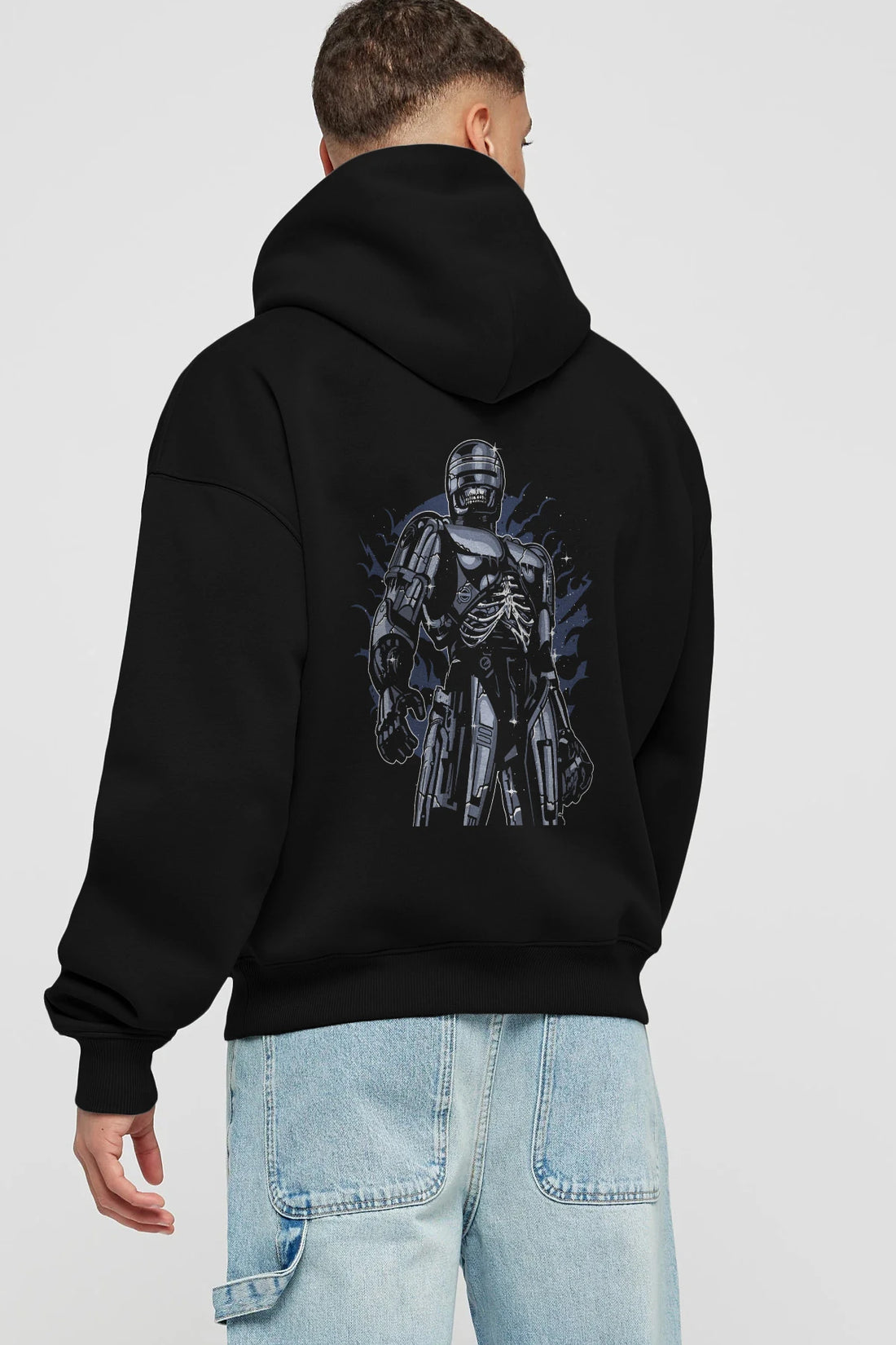 Roboskull Arka Baskılı Hoodie Oversize Kapüşonlu Sweatshirt Erkek Kadın Unisex