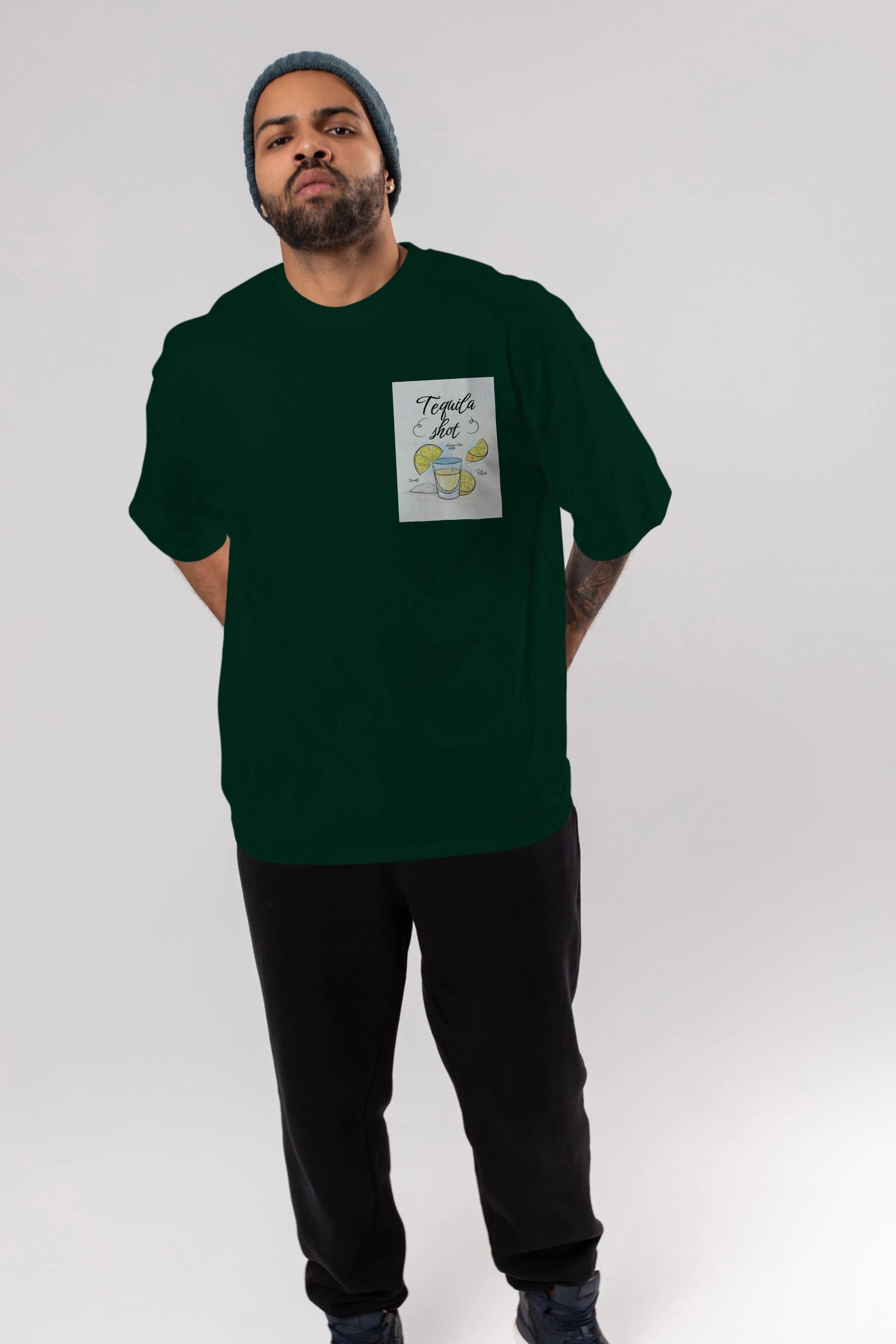 Tequila Shot Ön Sol Baskılı Oversize t-shirt Erkek Kadın Unisex %100 Pamuk Bisiklet Yaka tişort