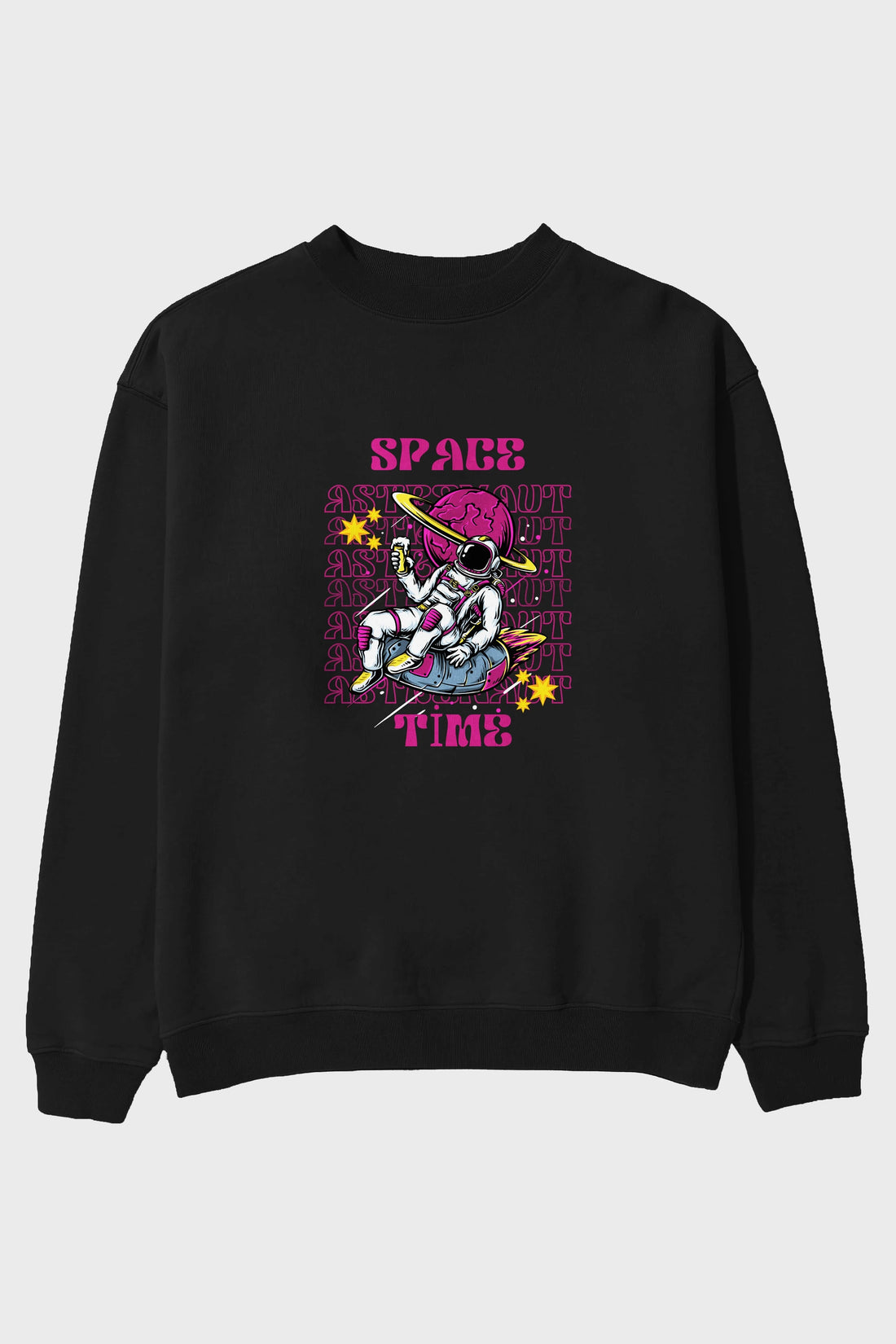 Space Time Astronaut Yazılı Ön Baskılı Oversize Sweatshirt Erkek Kadın Unisex