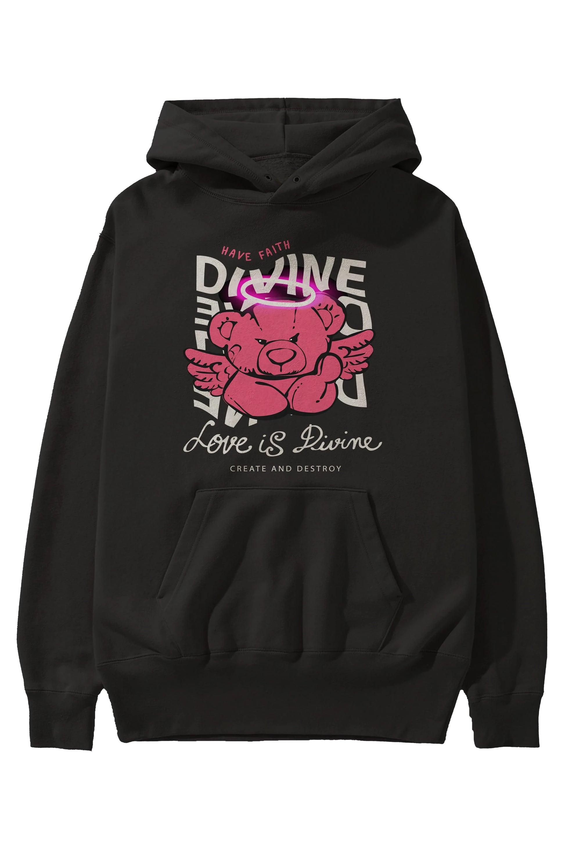 Love is Divine Bear Ön Baskılı Hoodie Oversize Kapüşonlu Sweatshirt Erkek Kadın Unisex
