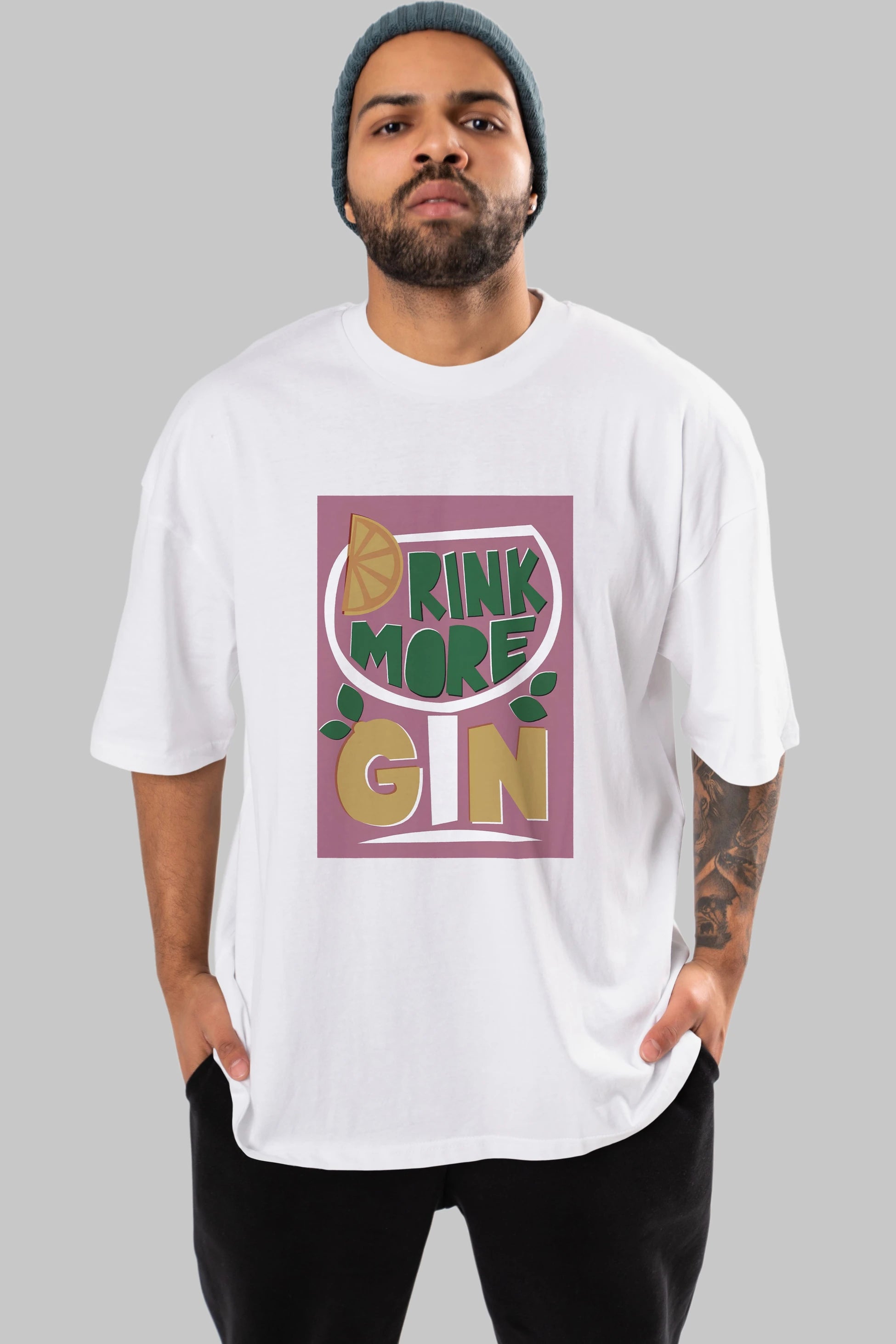 Drink More Gin Ön Baskılı Oversize t-shirt Erkek Kadın Unisex %100 Pamuk Bisiklet Yaka tişort