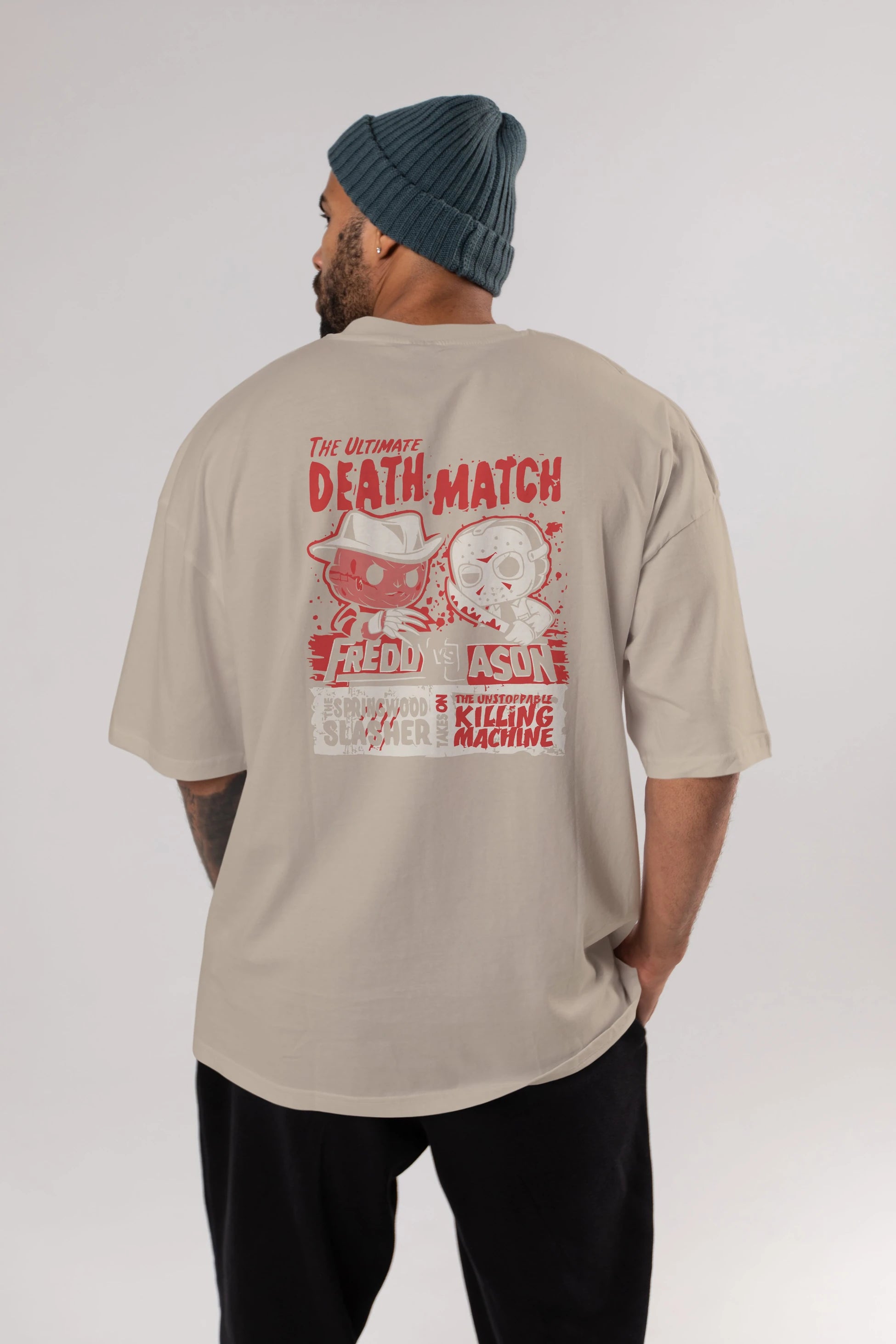 Freddy vs Jason Arka Baskılı Oversize t-shirt Erkek Kadın Unisex %100 Pamuk Bisiklet Yaka tişort