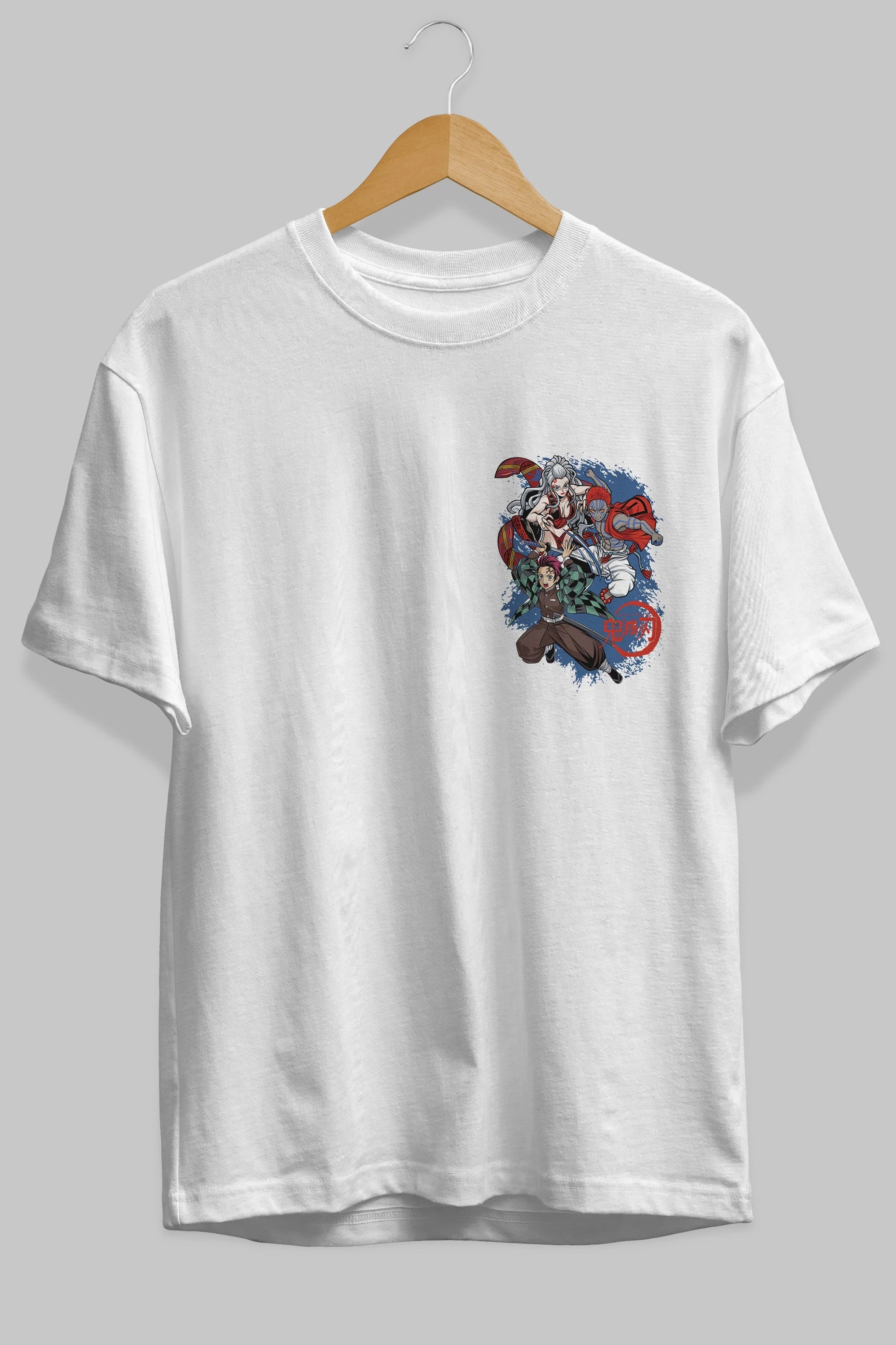 TANJIRO ,AKAZA,DAKI Ön Sol Baskılı Oversize t-shirt Erkek Kadın Unisex %100 Pamuk Bisiklet Yaka tişort