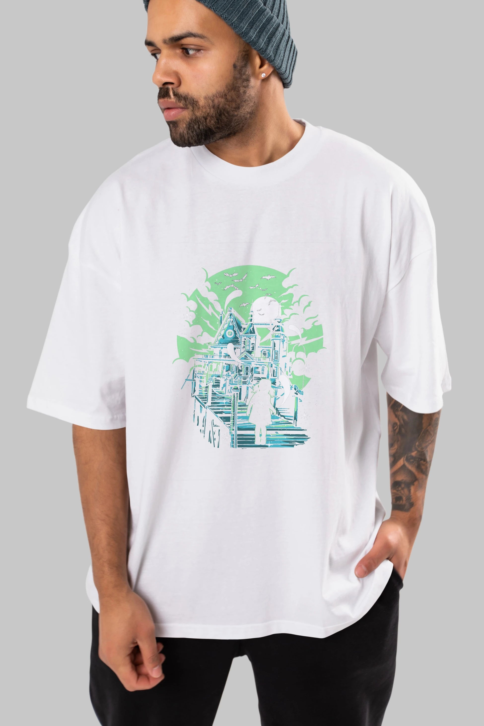 Haunted House Ön Baskılı Oversize t-shirt Erkek Kadın Unisex %100 Pamuk tişort
