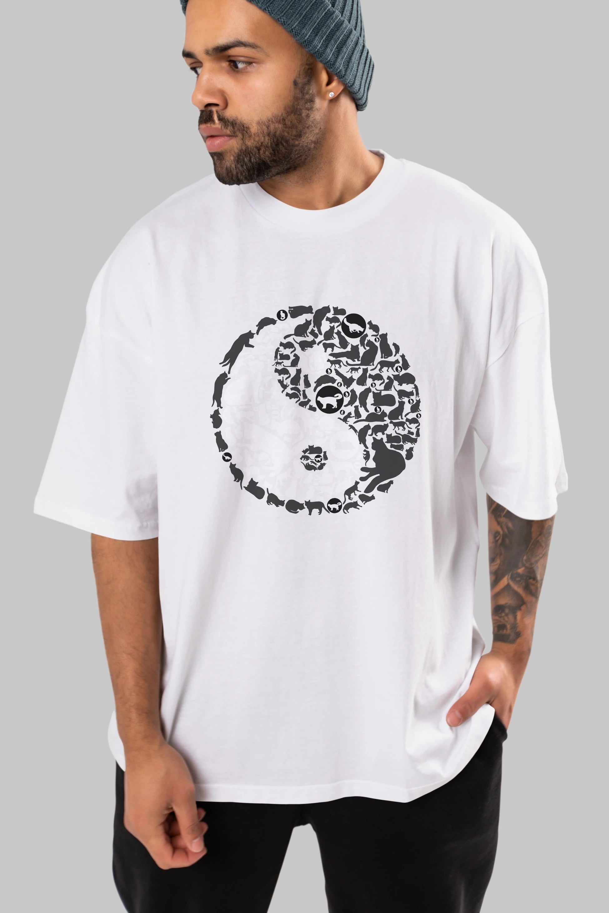 YinYang Cats Ön Baskılı Oversize t-shirt %100 pamuk Erkek Kadın Unisex