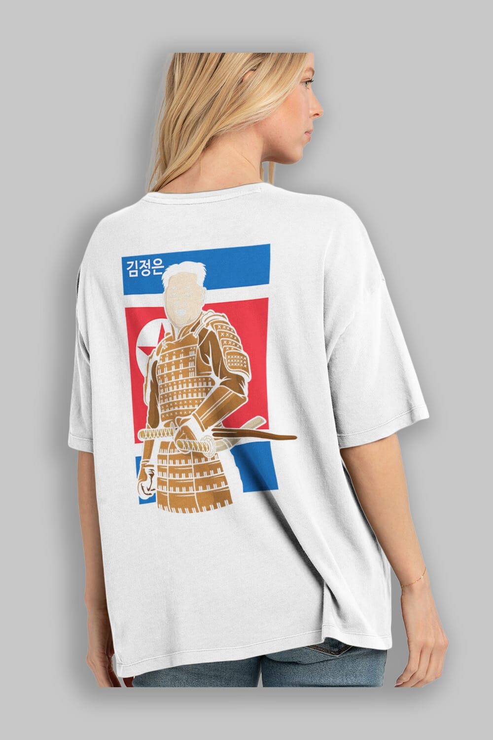 Samurai Jong Un Arka Baskılı Oversize t-shirt Erkek Kadın Unisex %100 Pamuk tişort