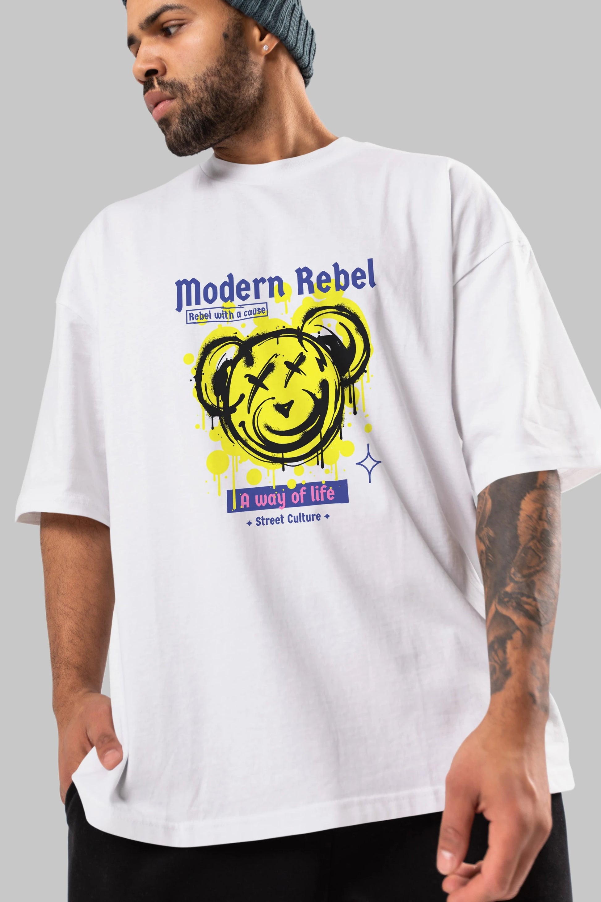Modern Rebel Bear Ön Baskılı Oversize t-shirt Erkek Kadın Unisex