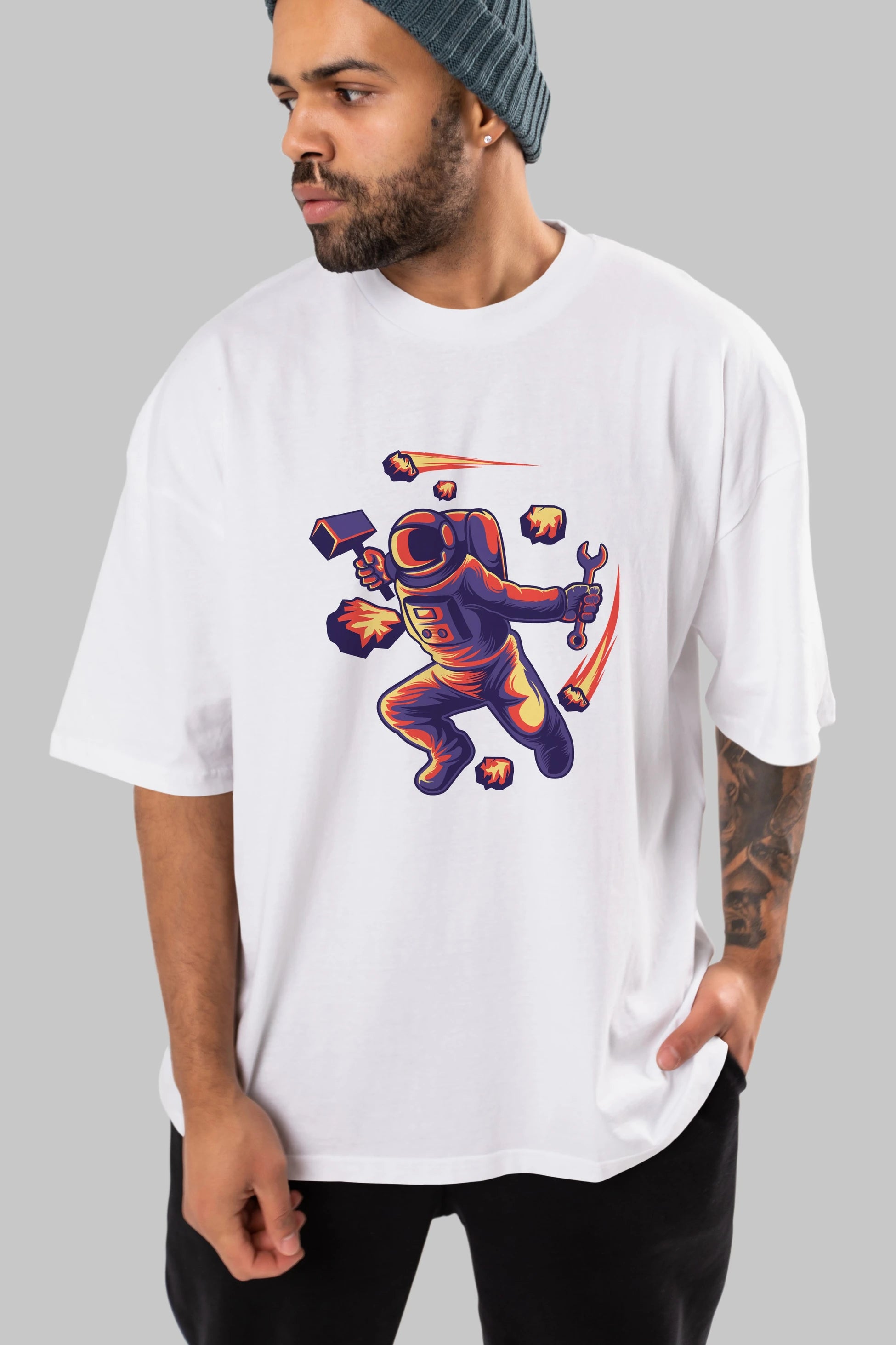 Astronaut Block Meteor Ön Baskılı Oversize t-shirt Erkek Kadın Unisex