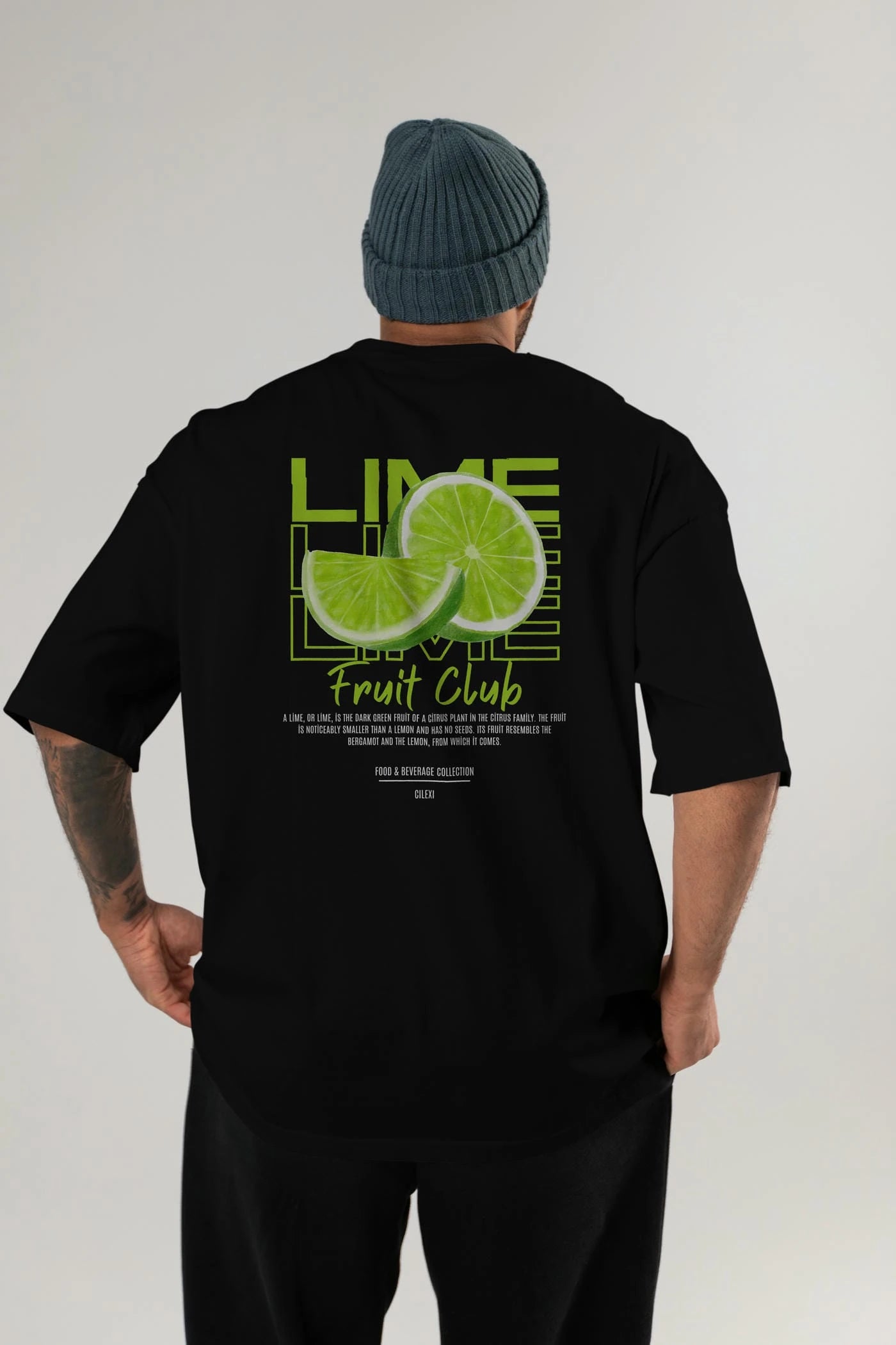 Lime Arka Baskılı Oversize t-shirt Erkek Kadın Pamuk Bisiklet Yaka tişort